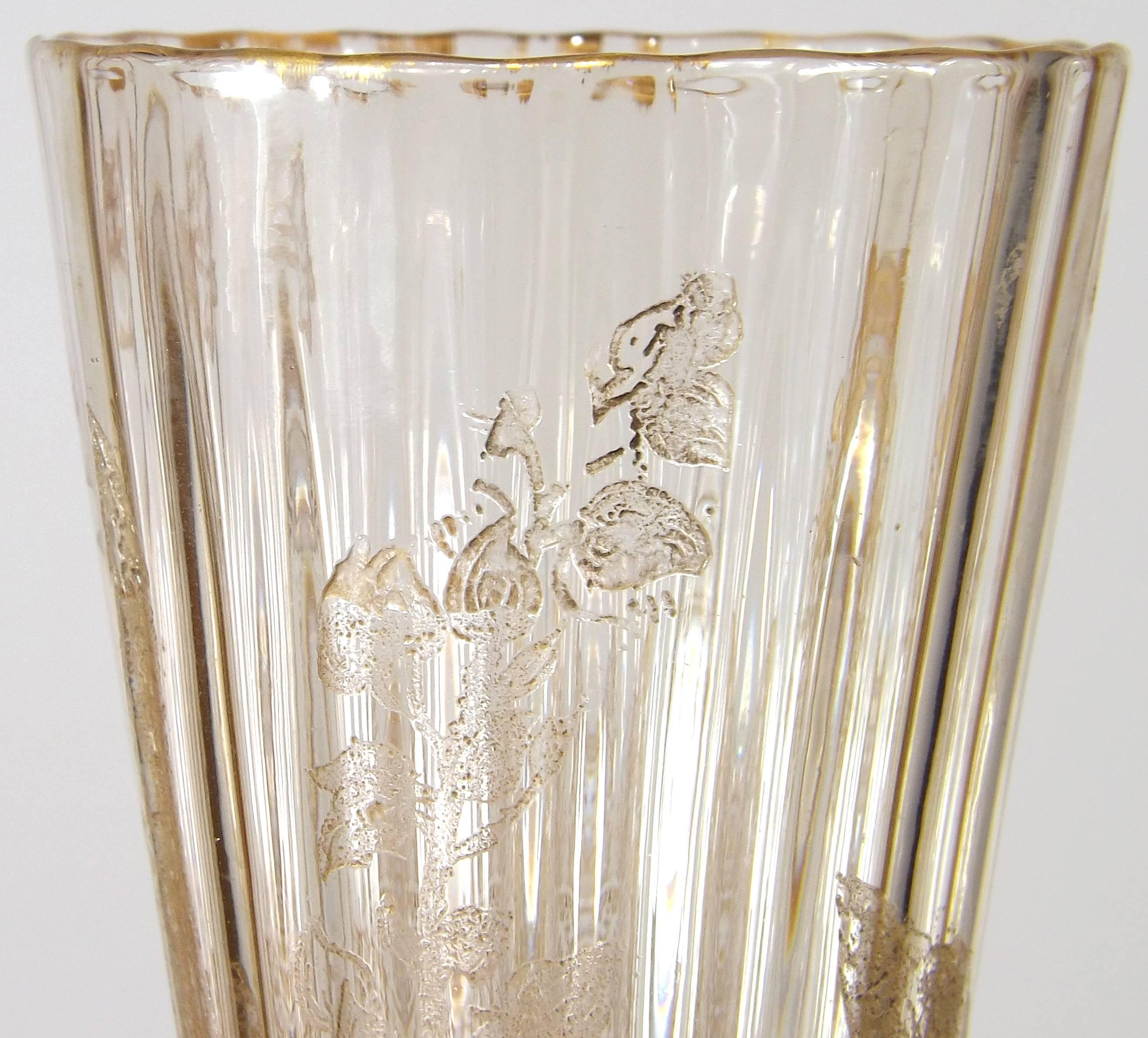 A magnificent Emile Gallé vase with intaglio etched design form circa 1880. Signed on bottom 'Cristallerie d'E. Gallé Nancy/ modele et decor dépose fect'. In perfect condition, 4 1/8 inches tall.