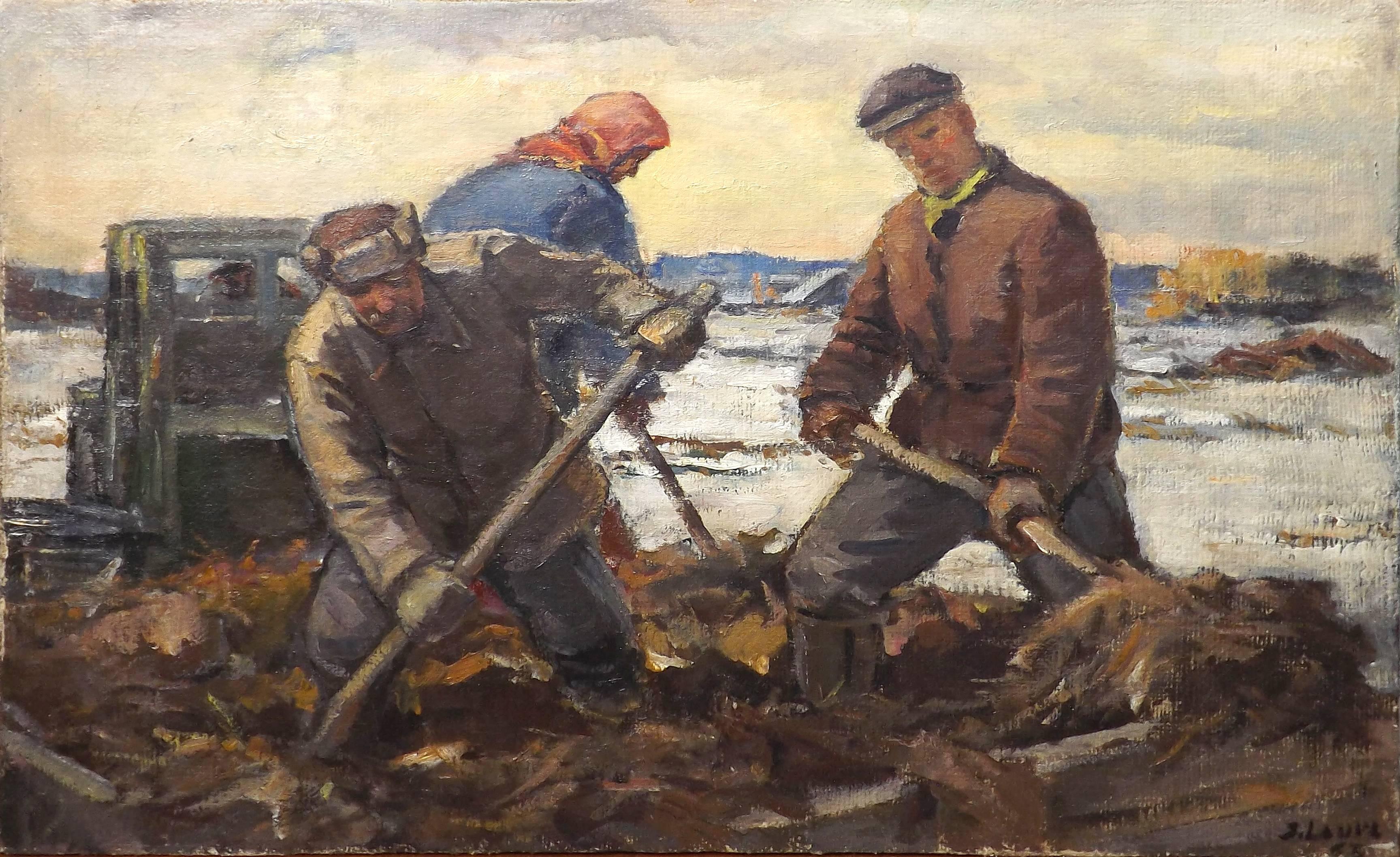 A wonderful example of Social Realist painting by Latvian artist Janis Lauva (1906-1986). Three farmers are hard at work in a field on an early spring morning. Lauva graduated from the Latvian Art Academy in 1934, and was a member of The Soviet