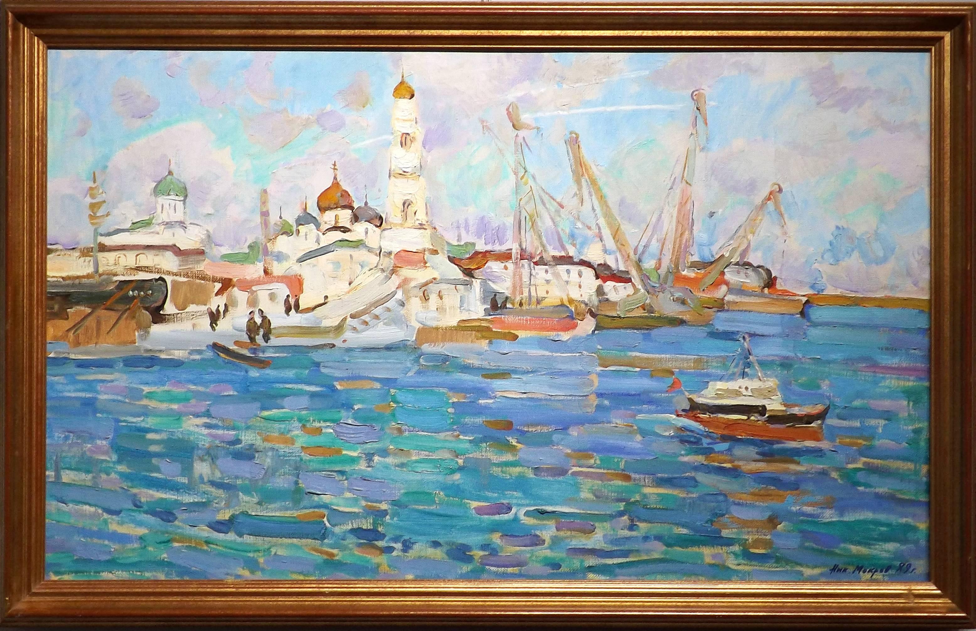 A wonderful Soviet Era painting of a busy port in the city of Kineshma along the Volga River, Russia. Wide brushstrokes of blue rippling water in the foreground with boats being offloaded. In the distance church towers rise into the sky.

Born in
