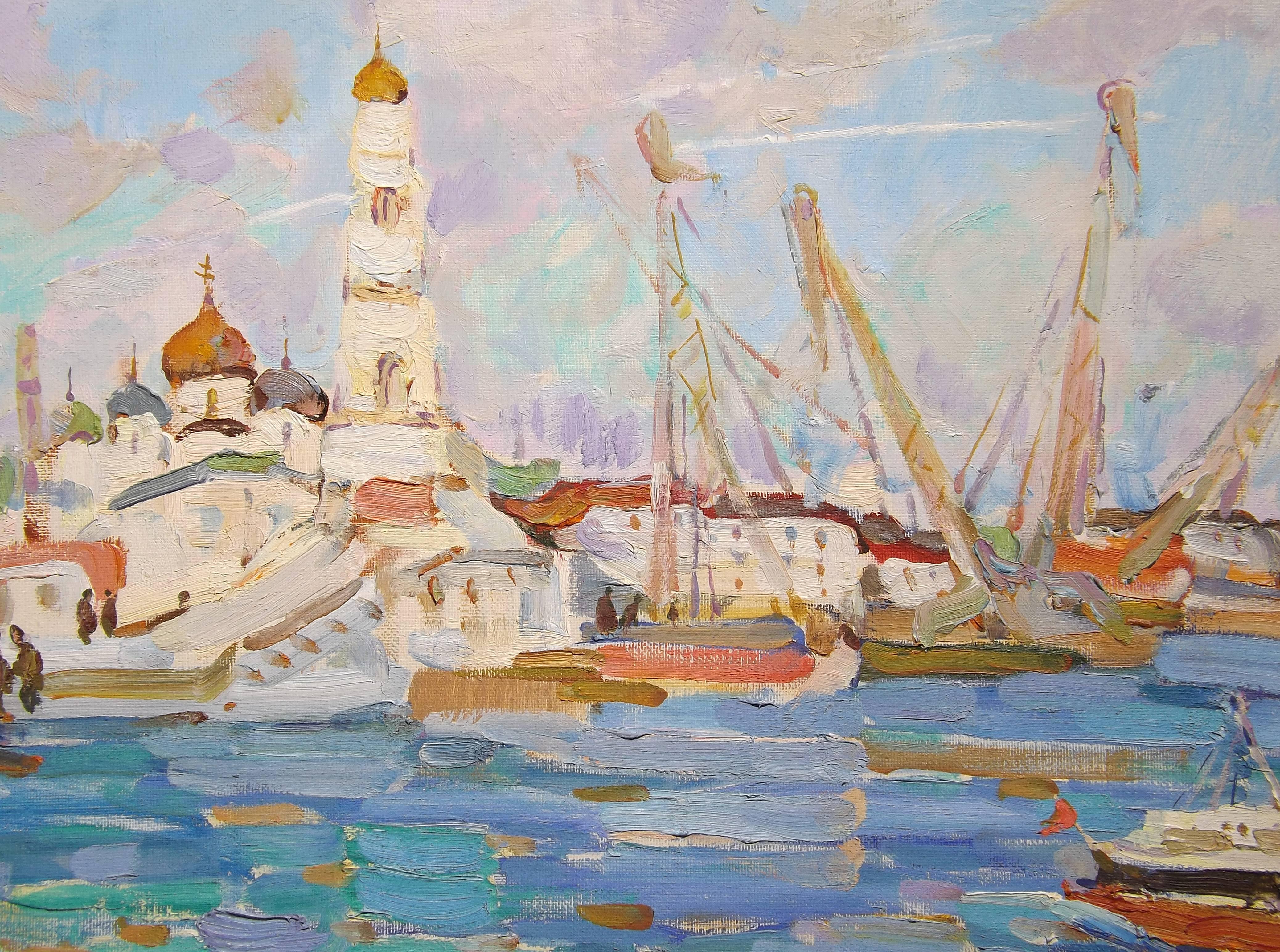 Russian 'Kineshma Harbor' Original Soviet Era Painting by Nikolai Mokrov, Dated 1989