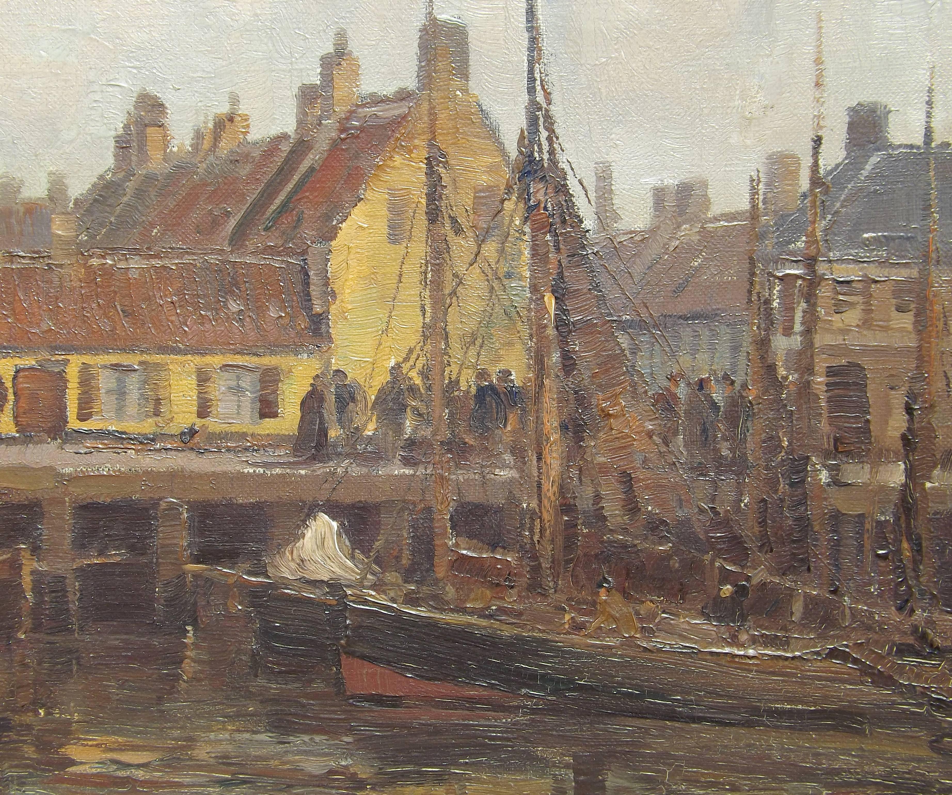 Dutch 'Harbor at Spakenburg, the Netherlands' Painting by Wilhelm Hambüchen For Sale