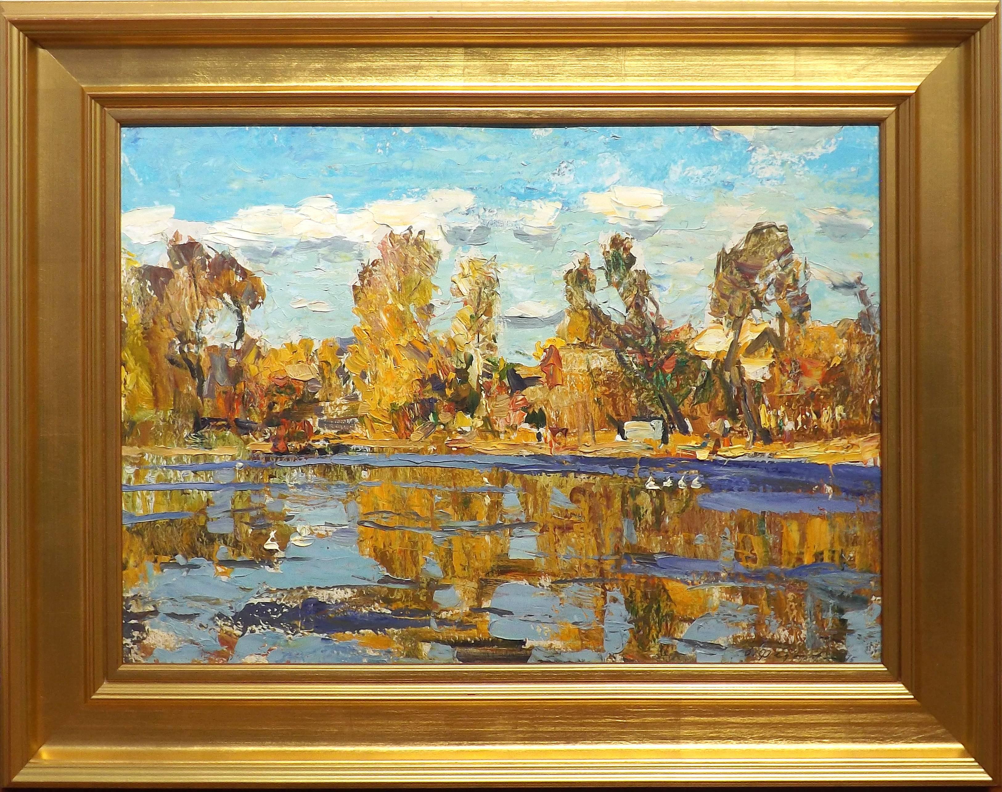 Bright fall trees surround a small lake in this brilliant painting by Russian artist Vyacheslav Andreevich Fedorov (1918 - 1985). Swans float lazily in the reflective blue lake under a sparsely clouded sky.

Fedorov was born in Ivanovo, Vosnesensk