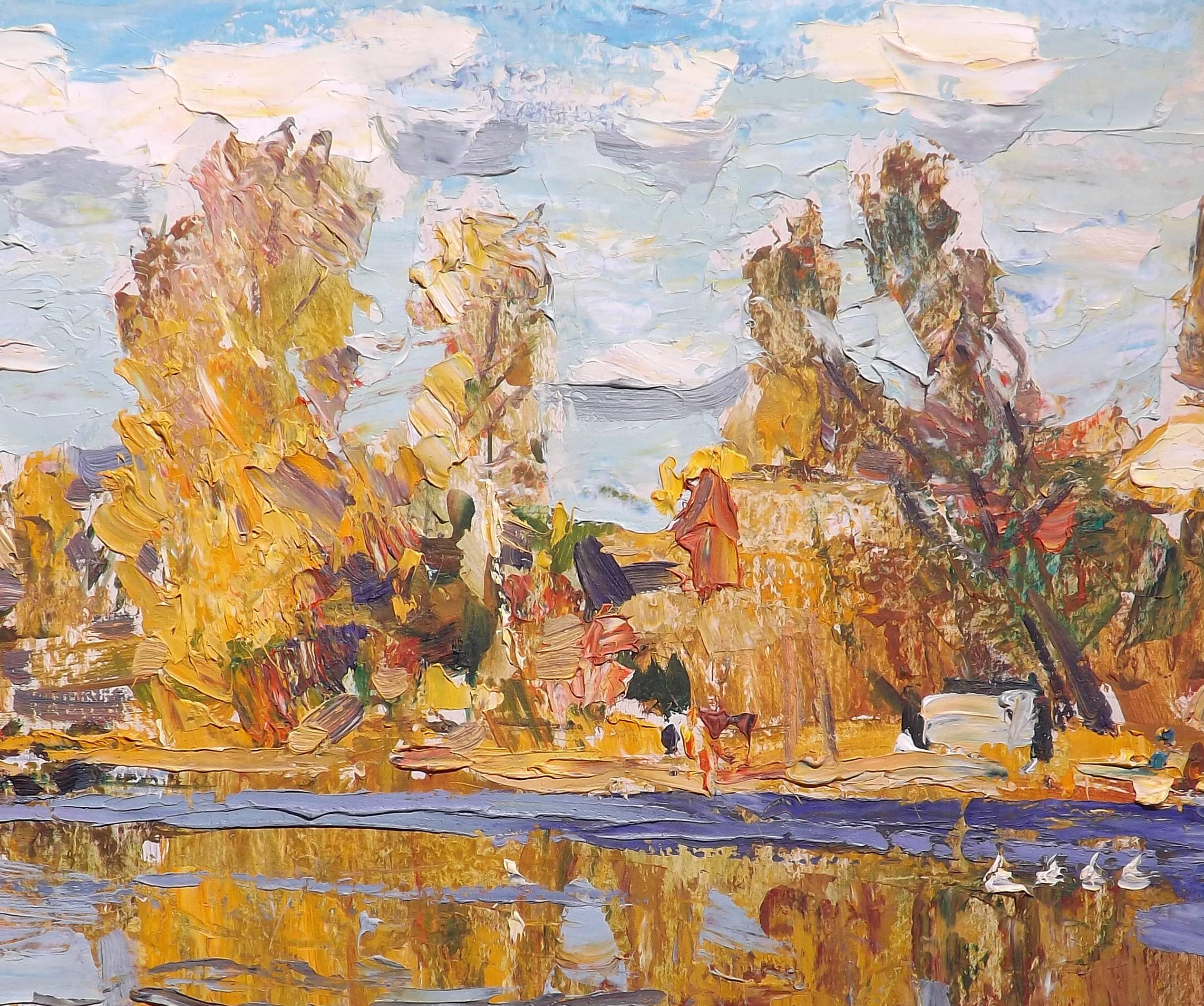 'Autumn Evening' Soviet Era Painting by Vyacheslav Andreevich Fedorov Dated 1975 In Excellent Condition In Charlevoix, MI