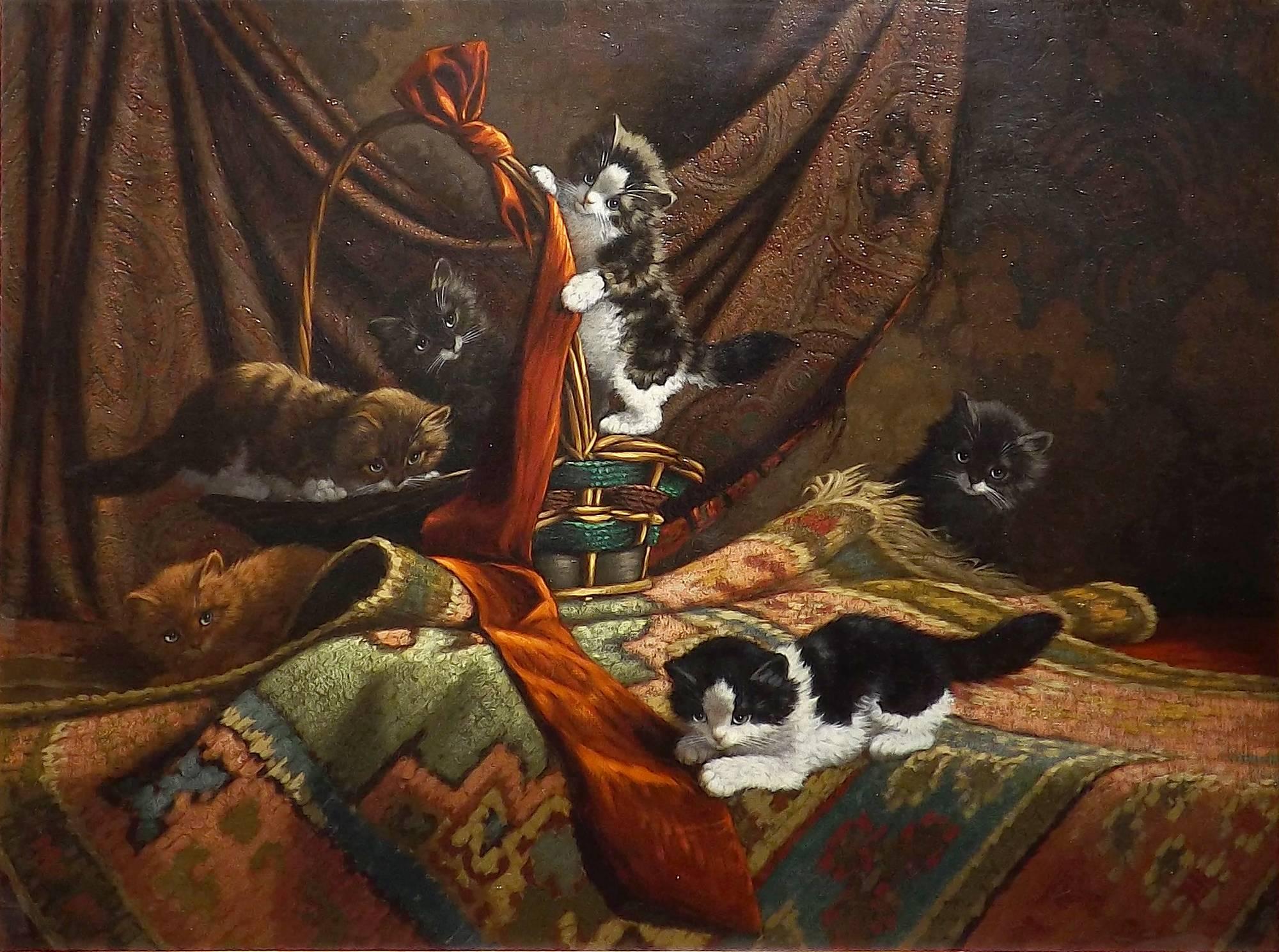 Dutch 'Curious Kittens' Original Oil Painting by Cornelis Raaphorst For Sale