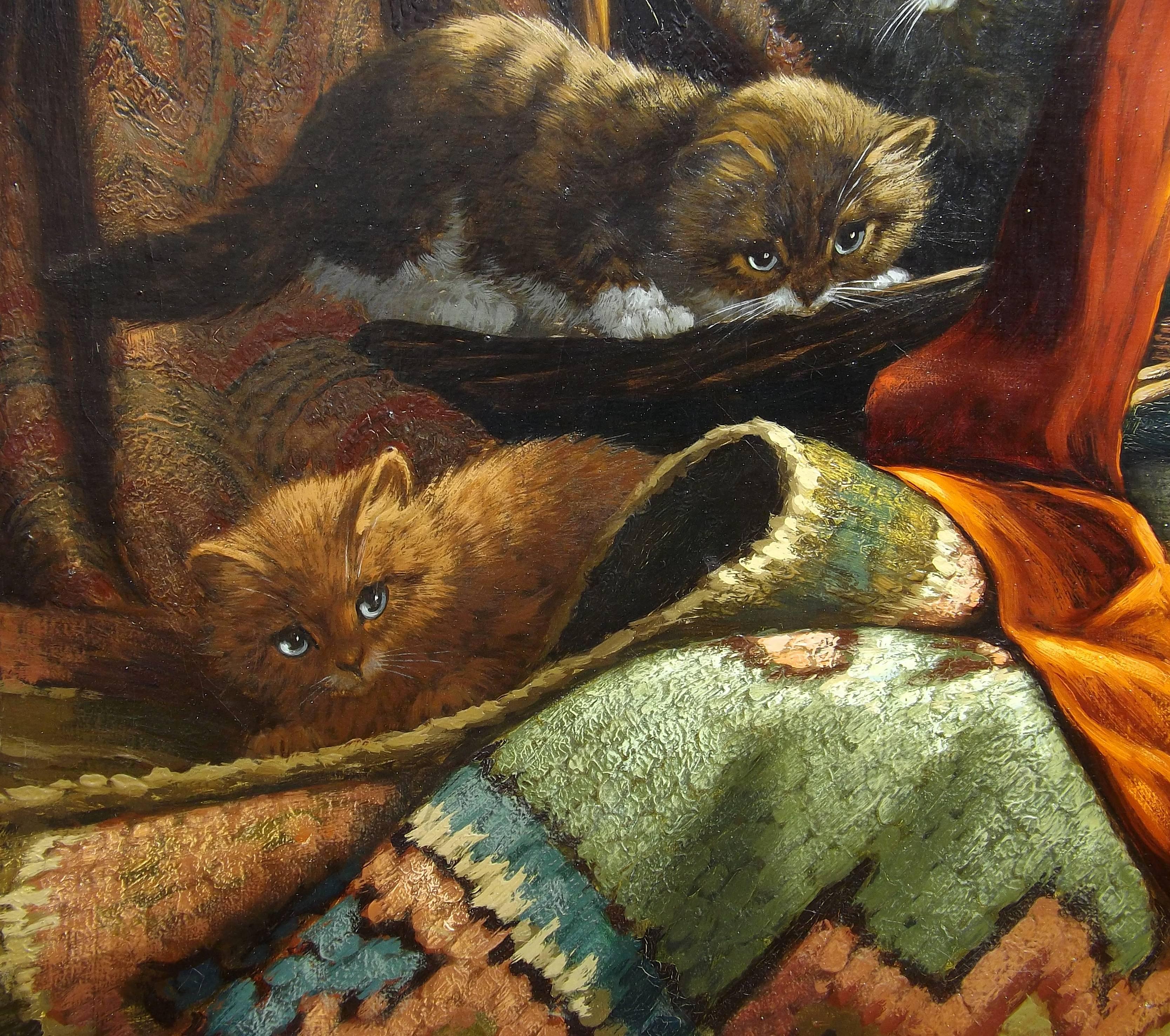 Painted 'Curious Kittens' Original Oil Painting by Cornelis Raaphorst For Sale