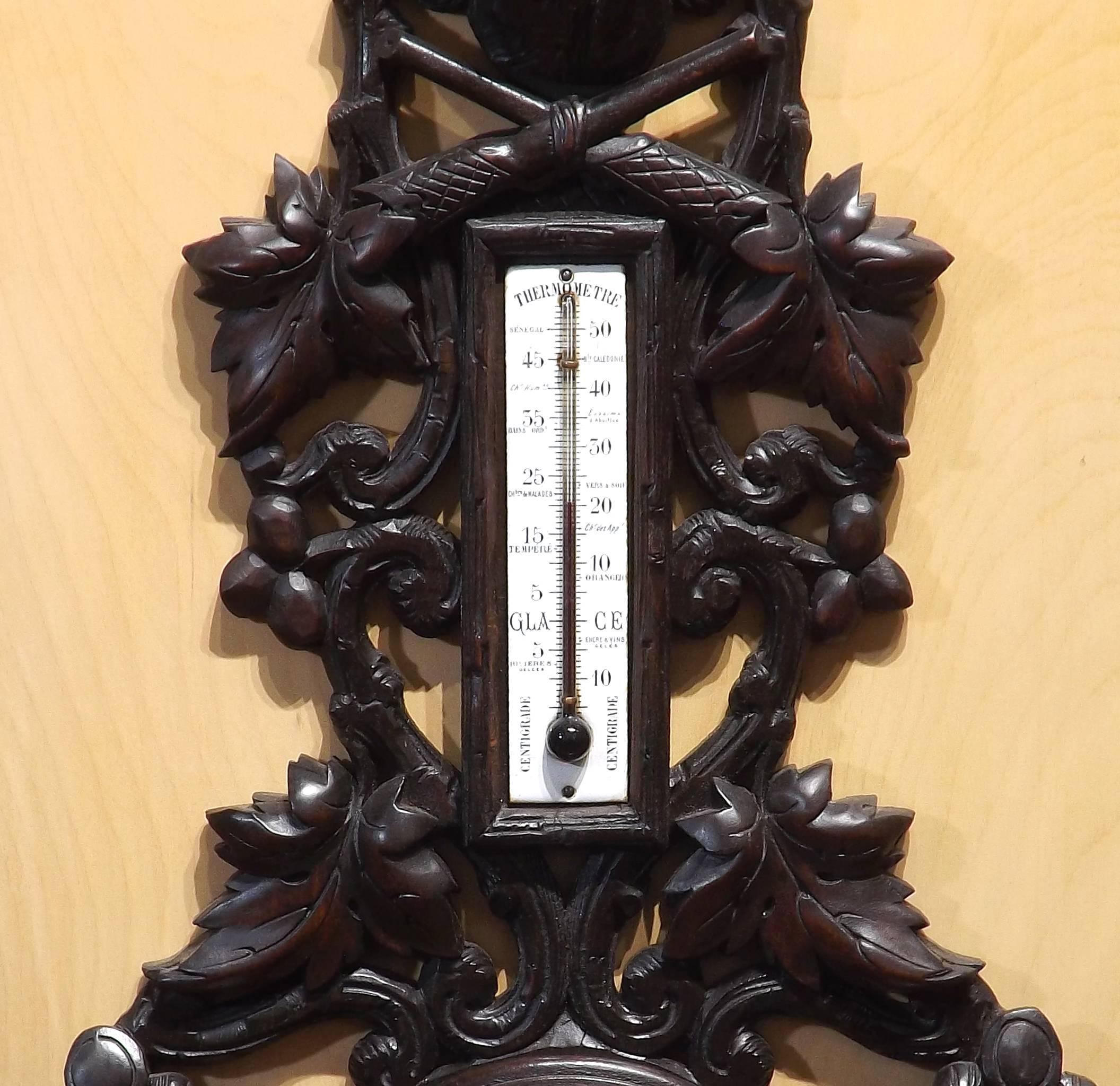Black Forest 19th Century French Barometer with Carved Hunting Motif