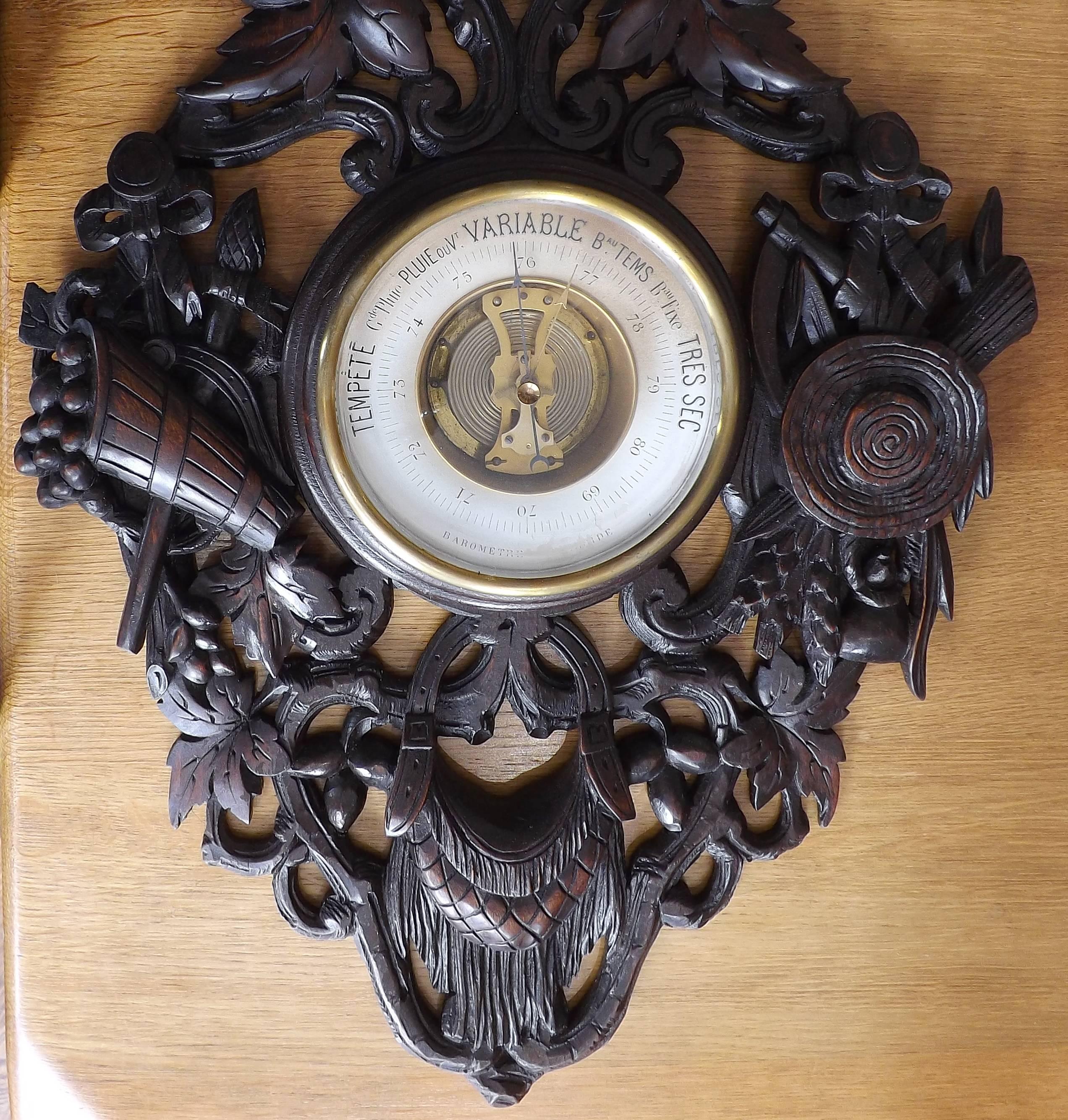 19th Century French Barometer with Carved Hunting Motif In Excellent Condition In Charlevoix, MI