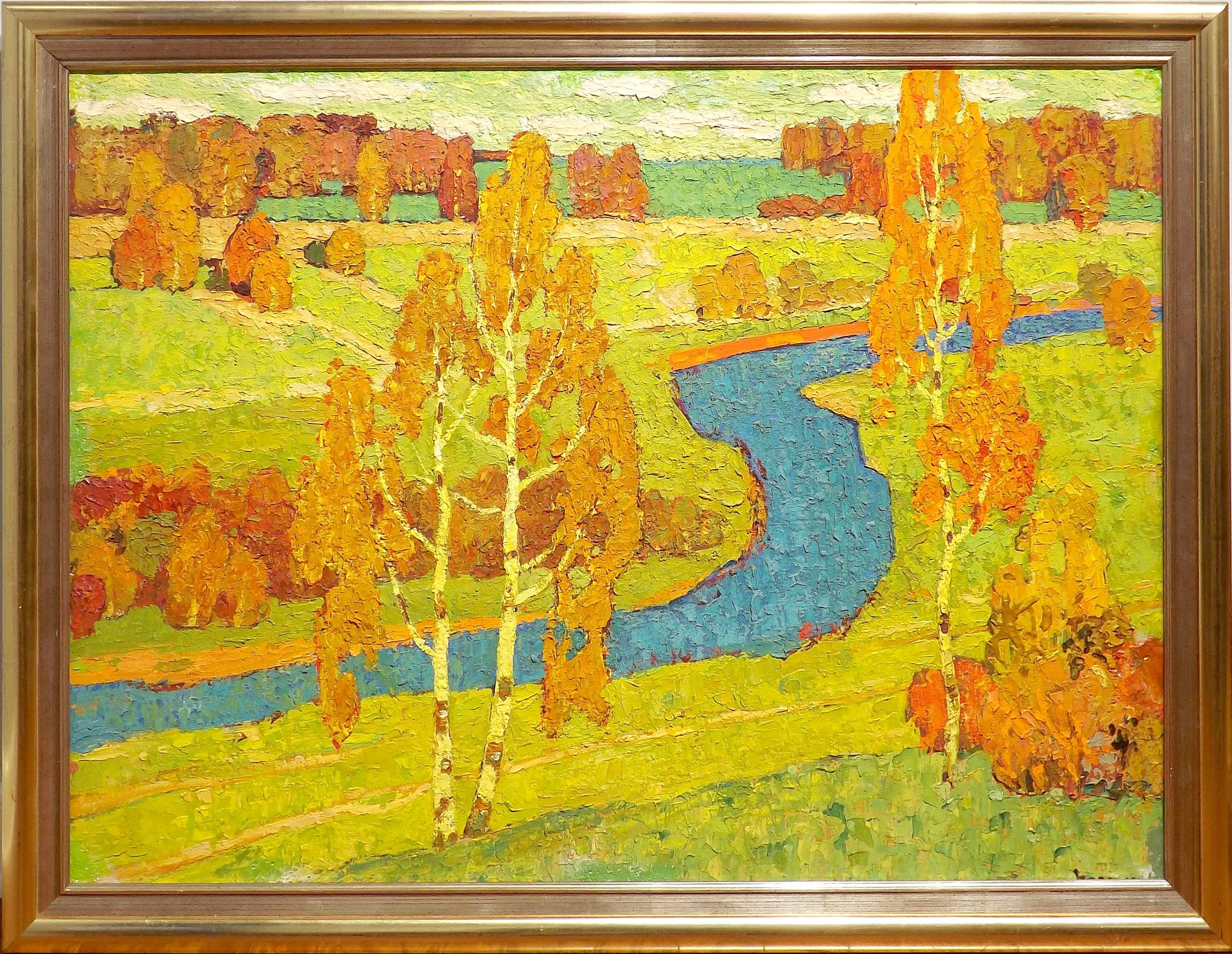 Bright autumnal colors of gold and red decorate this grand painting by Viktor Templin. 

Born in Vechenki in 1920, Viktor Templin studied at Serpukov Art School and Nizhni Novgorod Art School, graduating in 1937. In 1945, Templin was sentenced to