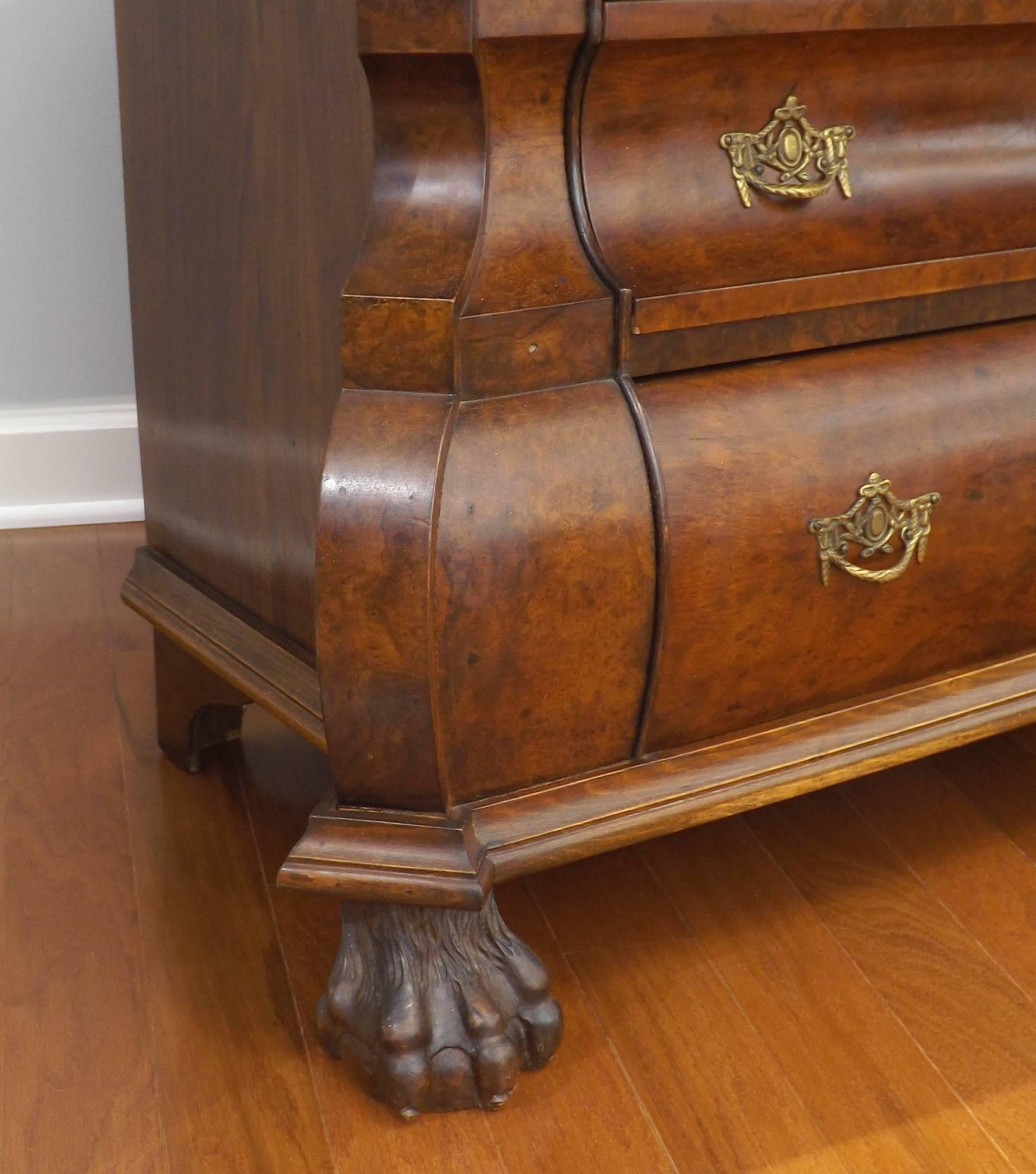 Early 20th Century Walnut Burl and Rosewood Claw Foot Drop Front Desk, circa 1900