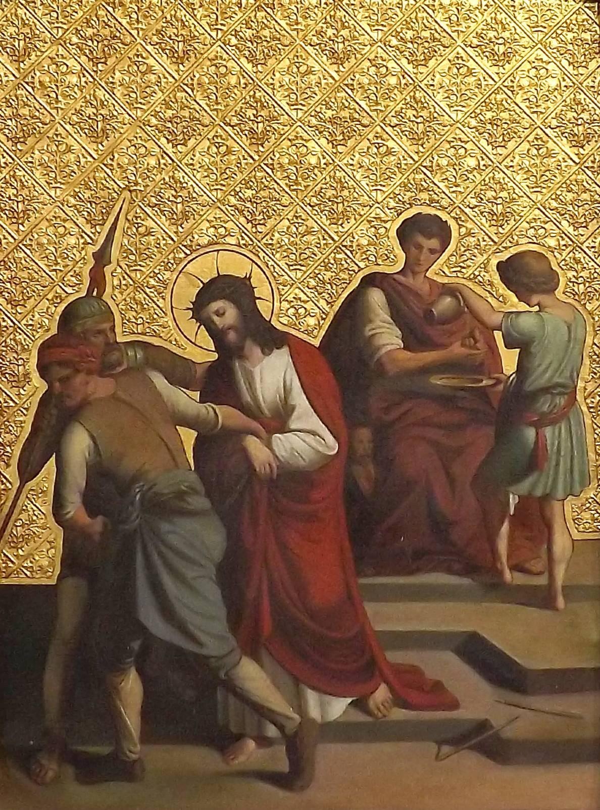 A stunning representation of the first station of the cross, where Jesus is condemned to death. Two soldiers drag Him away while in the background Pontius Pilate washes his hands. At Jesus's feet lays the broken rod with which he was beaten.