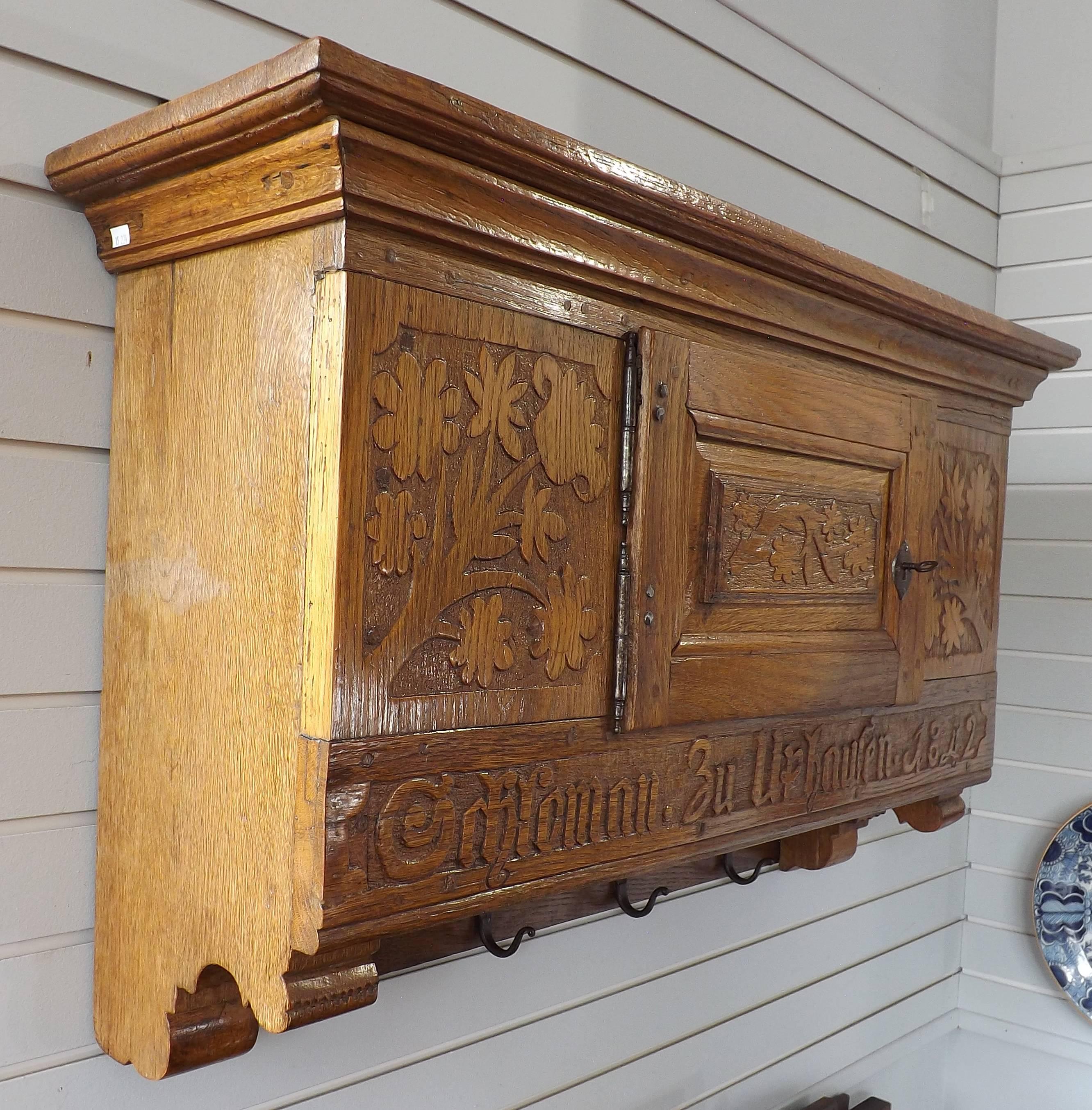 Carved German Coatrack with Wall Storage Dated 1842 In Good Condition In Charlevoix, MI