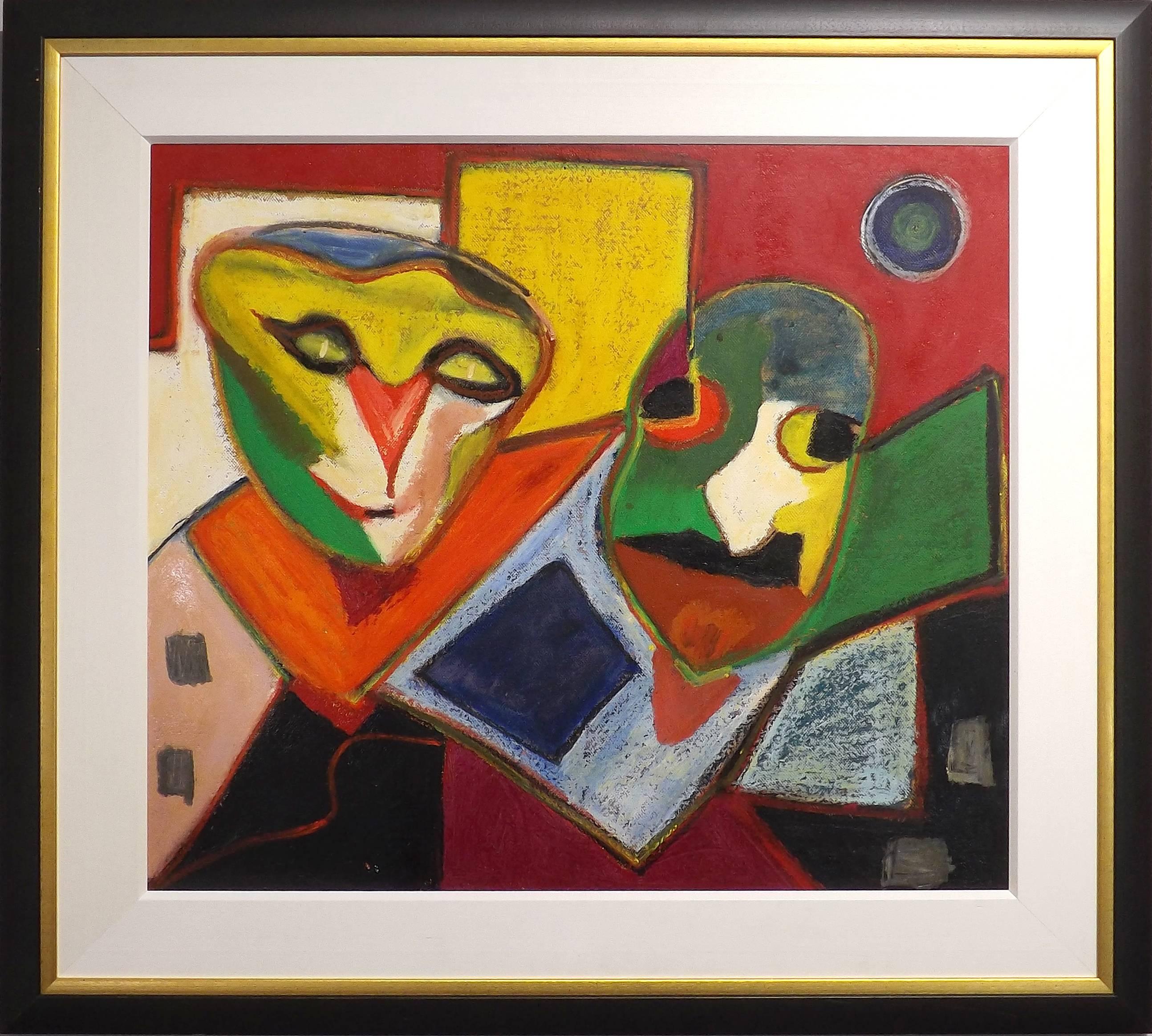 A delightful abstract painting of two festive figures who appear to be wearing masks, painted by Dutch outsider Janna Straus van de Geest (1930-1999). Janna was born in 1930 and was active in the city of Utrecht in the Netherlands, where she had her