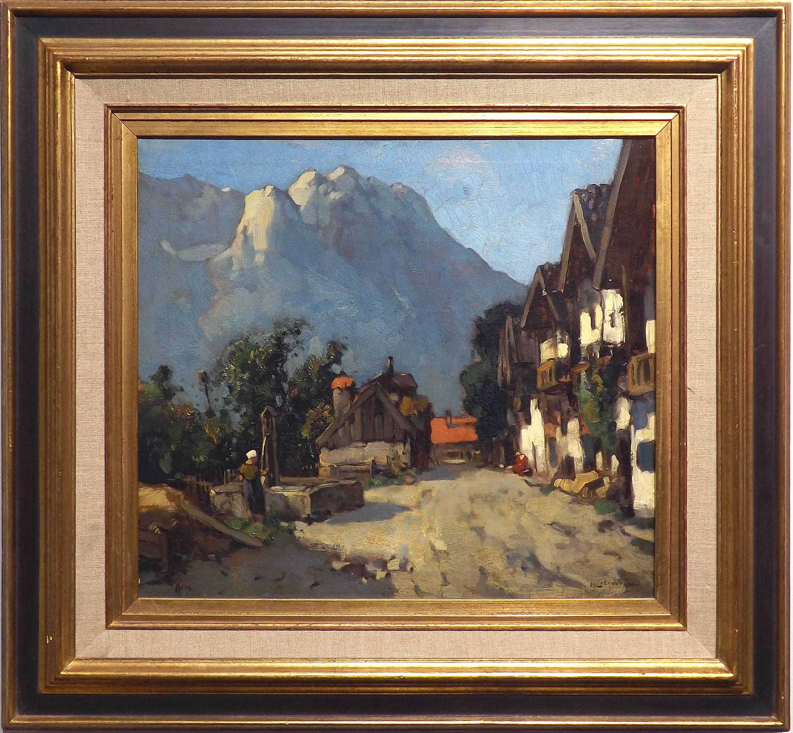 A woman fetches water from an old pump in this rustic scene of the Frühlingstrasse, Garmisch-Partenkirchen in Germany painted by Dutch painter Henk van Leeuwen. Off in the distance the German Alps rise up into the blue sky.

Henk van Leeuwen was