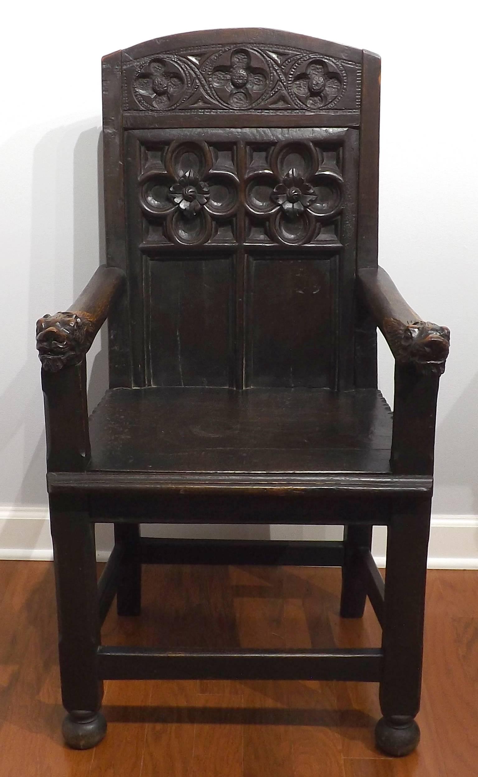 European Very Old Gothic Style Chair with Carved Animal Heads