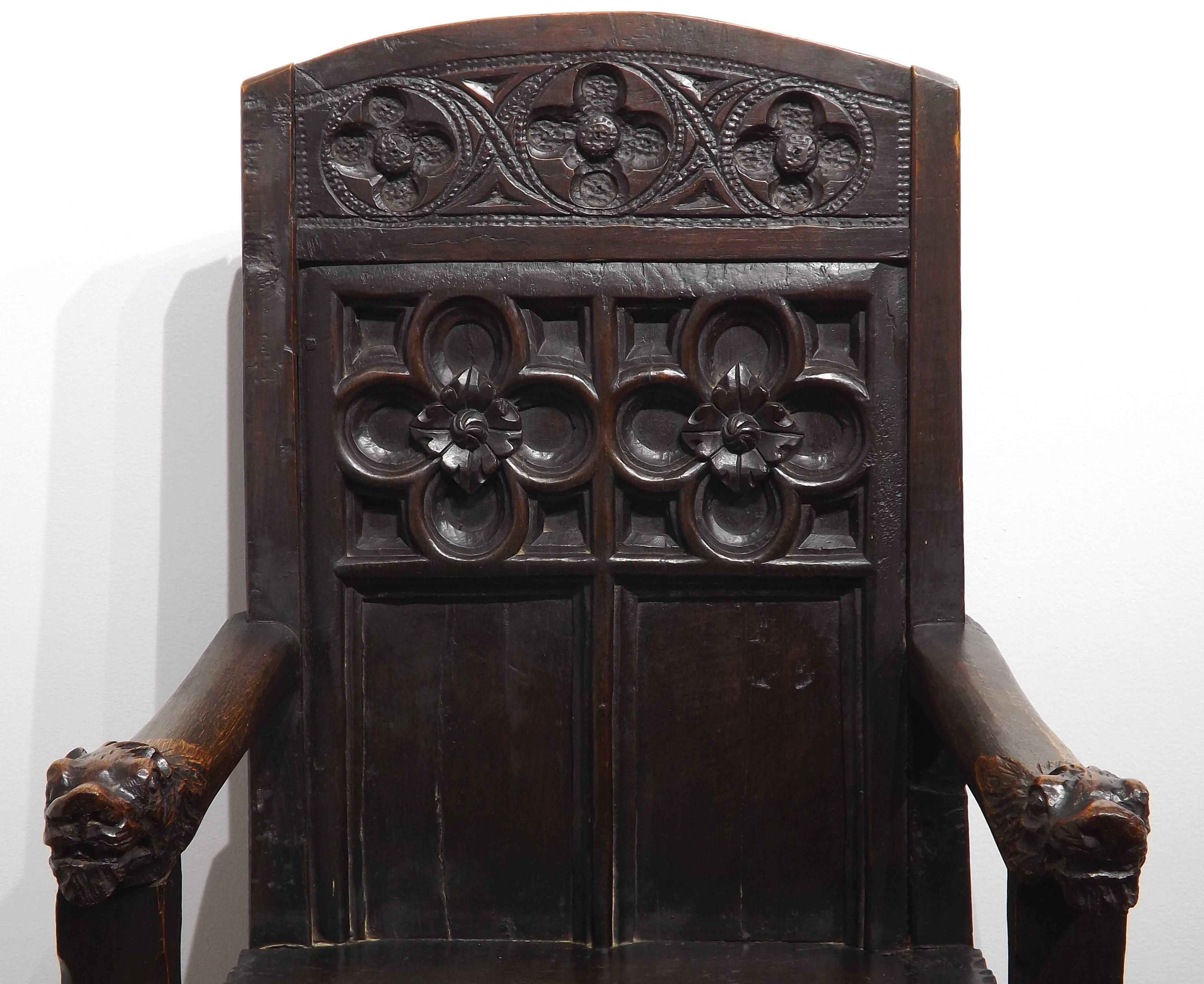18th Century and Earlier Very Old Gothic Style Chair with Carved Animal Heads
