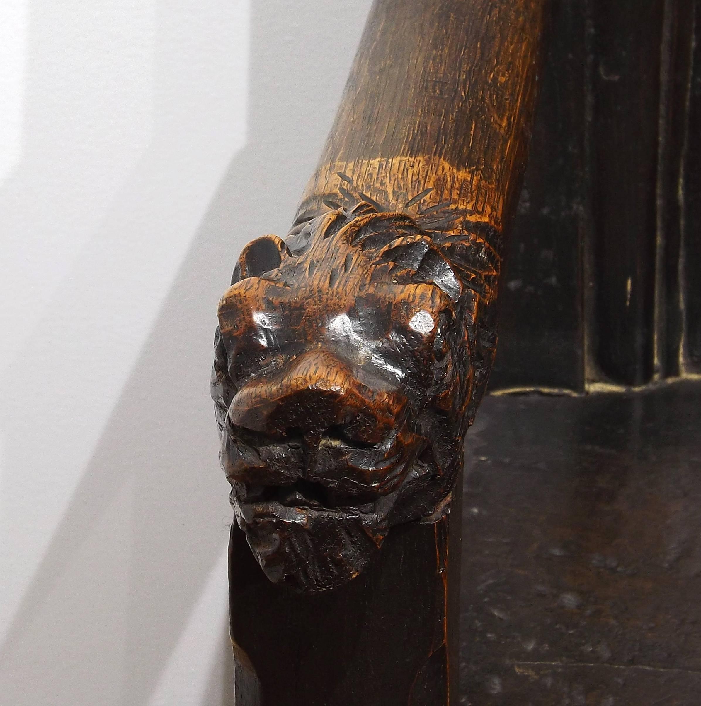 Oak Very Old Gothic Style Chair with Carved Animal Heads