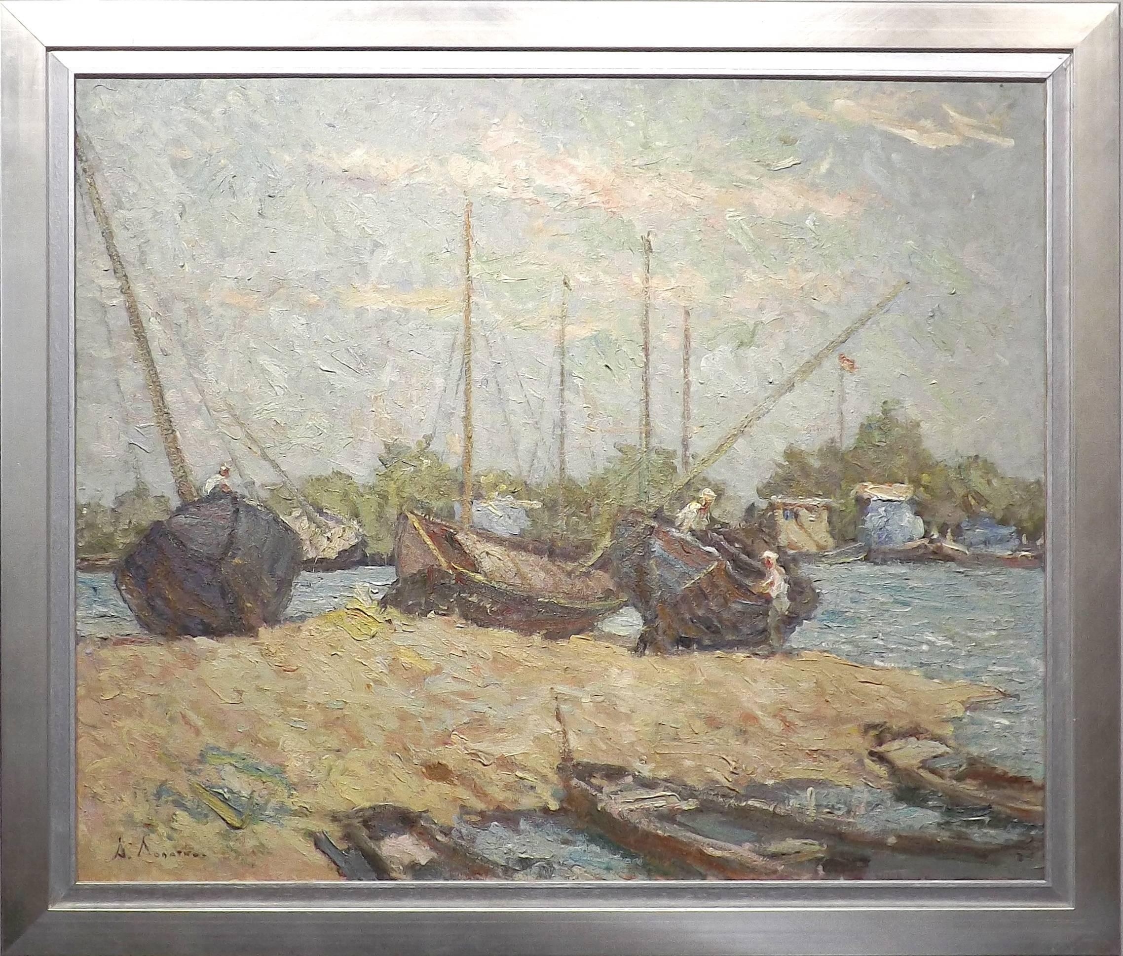A group of men are busy making repairs to some boats in this majestic painting by well listed Russian artist Alexander Lopatkin. Large, heavy brushstrokes recreate the lapping waves and early morning grey sky of a small river harbor.

Lopatkin was