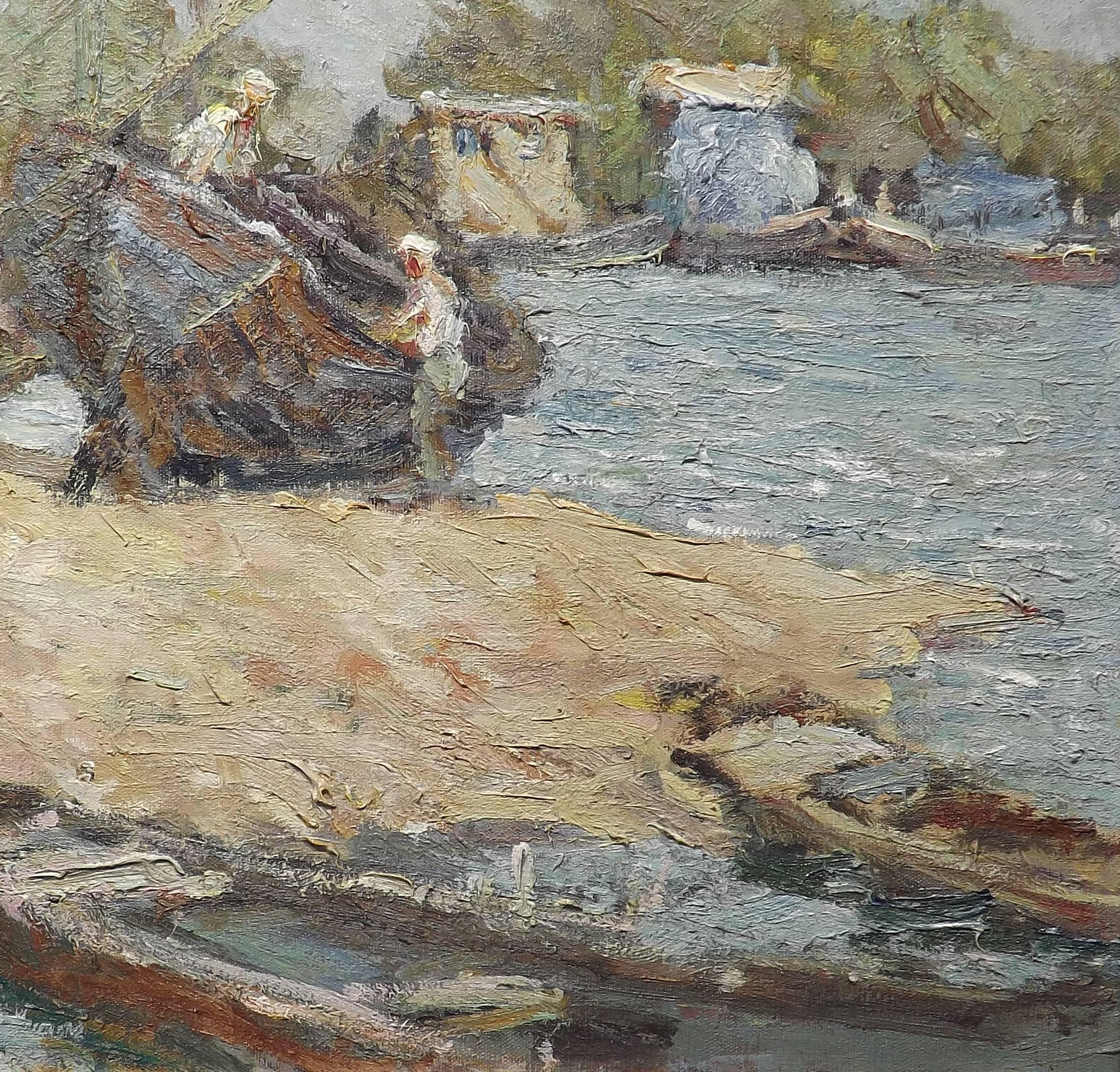 'Boatworks - 1959' Original Oil by Soviet Painter Alexander Lopatkin In Excellent Condition For Sale In Charlevoix, MI