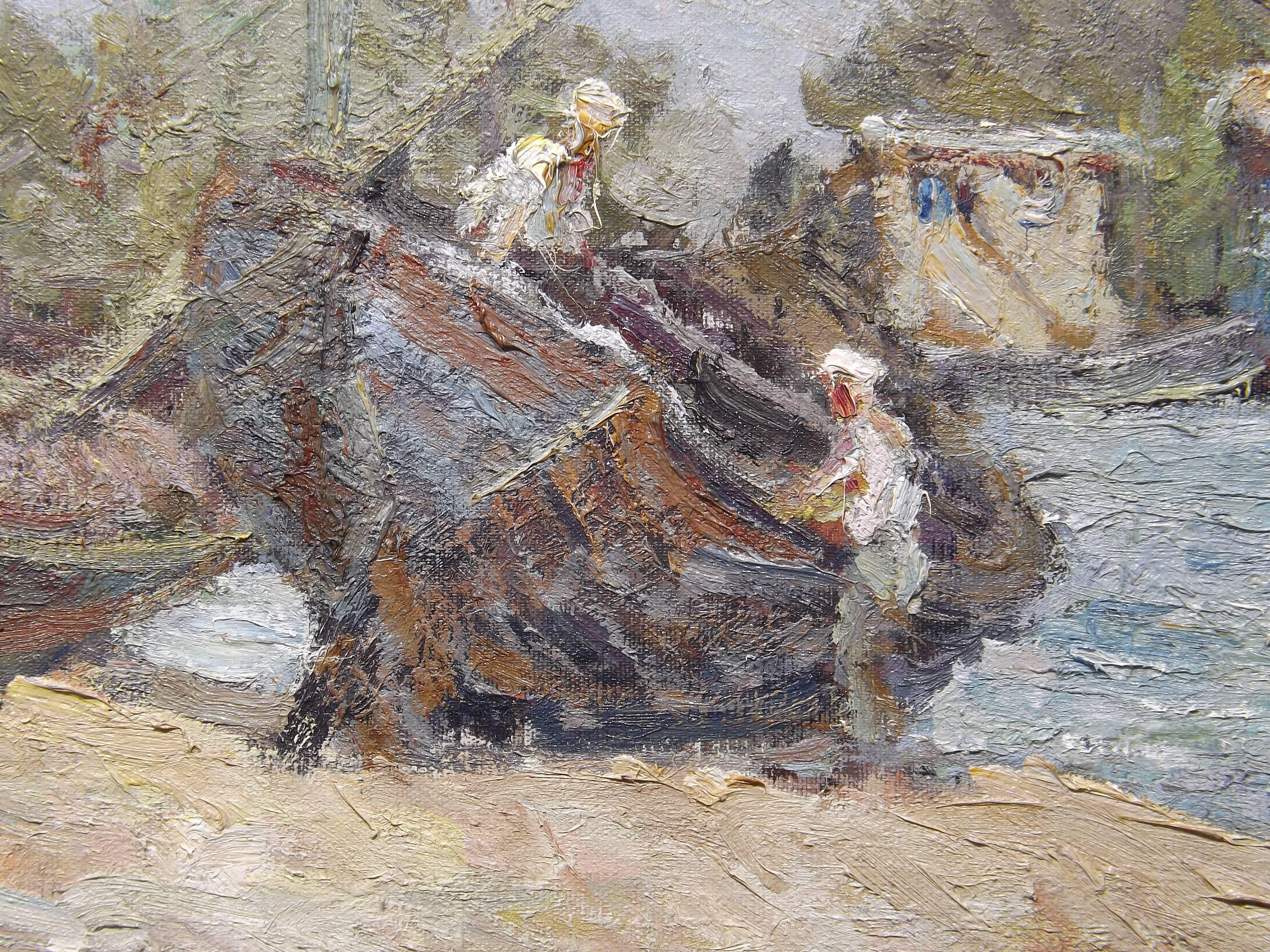 Mid-20th Century 'Boatworks - 1959' Original Oil by Soviet Painter Alexander Lopatkin For Sale