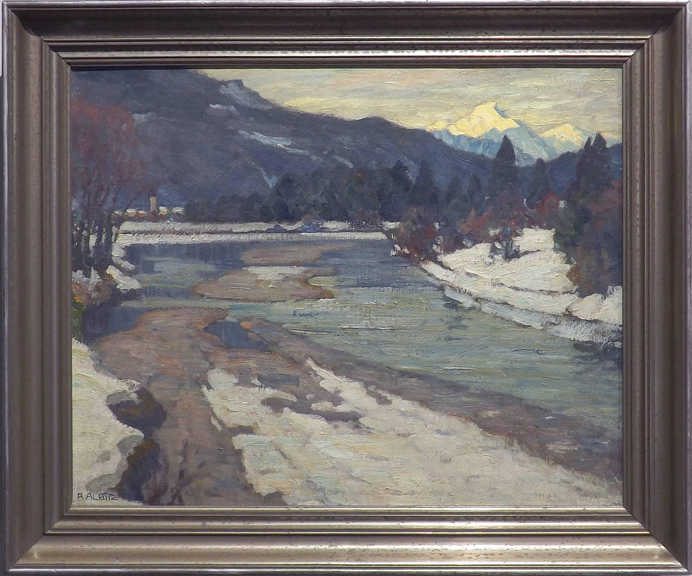 A river winds through the shadowy, winter landscape of Karwendel in this wonderful painting by German artist Richard Albitz (1876-1954). A small village is seen off in the distance, while the last light of the sun strikes a nearby Alpine