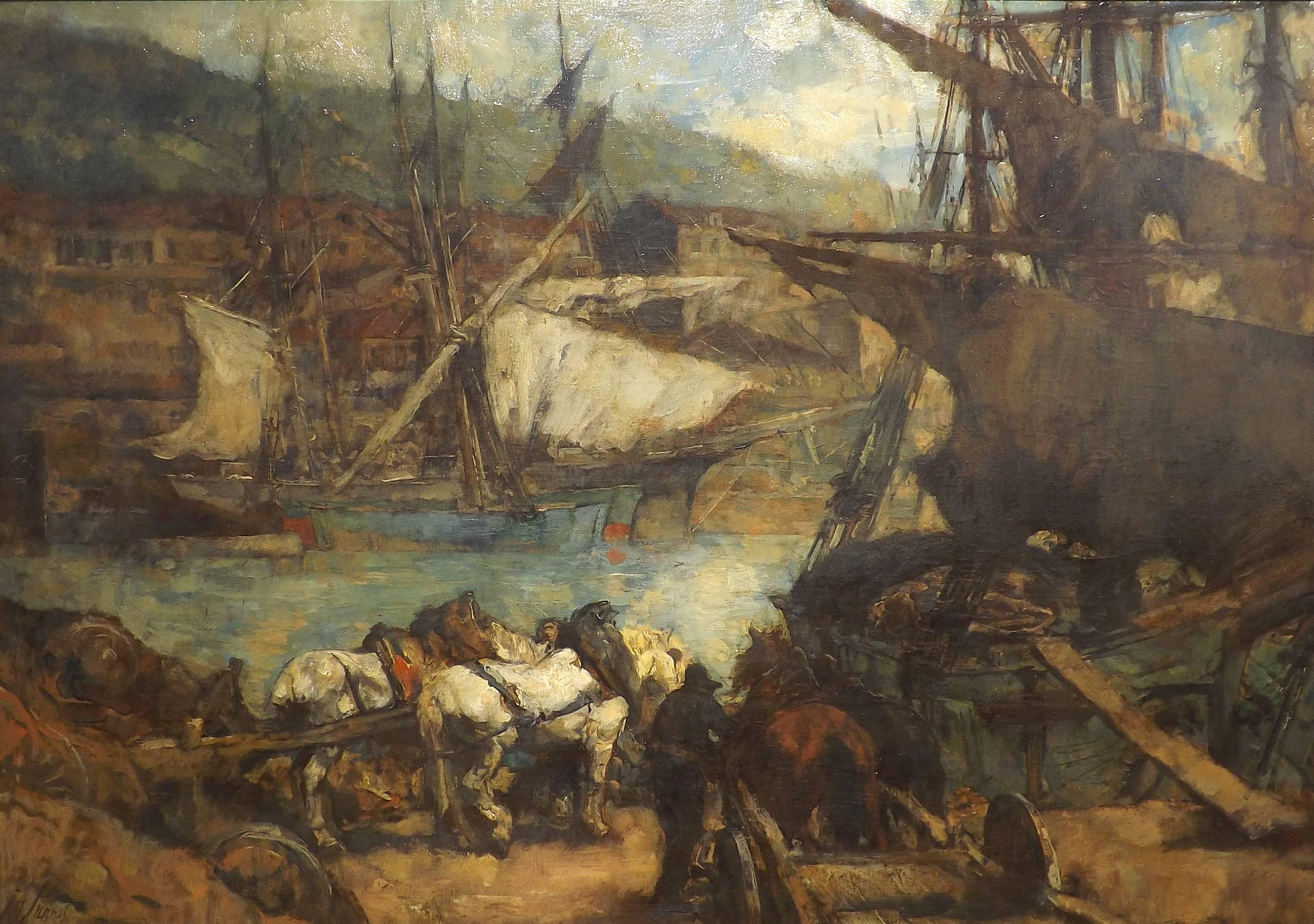 Workers busy themselves leading massive work horses towards the docked boats in this magnificent work by accomplished artist and historian Professor Johannes Hendrikus Jurres.

Jurres was not only an accomplished artist and art teacher, but also