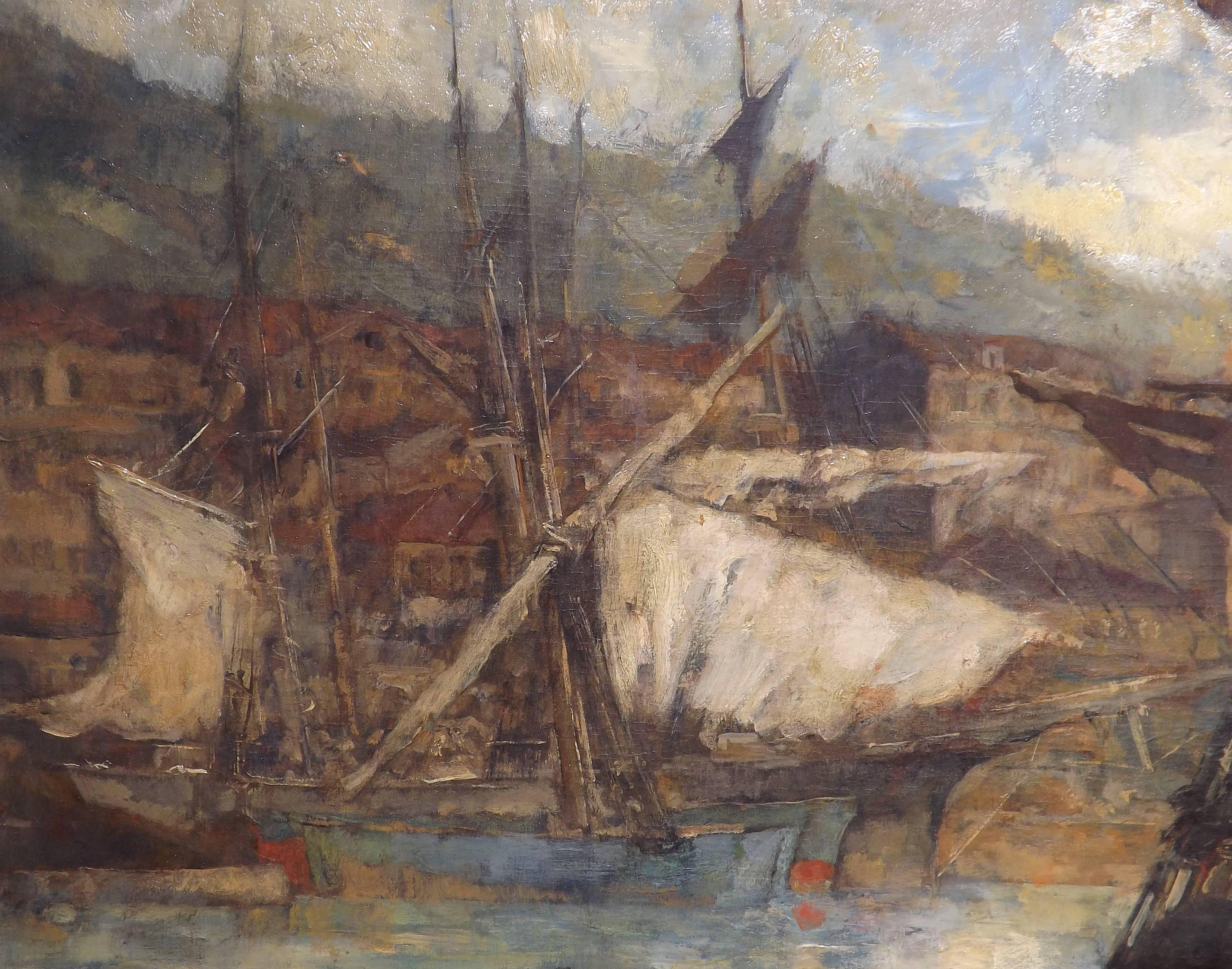 Dutch 'The Harbor' Original Oil by Johannes Jurres For Sale