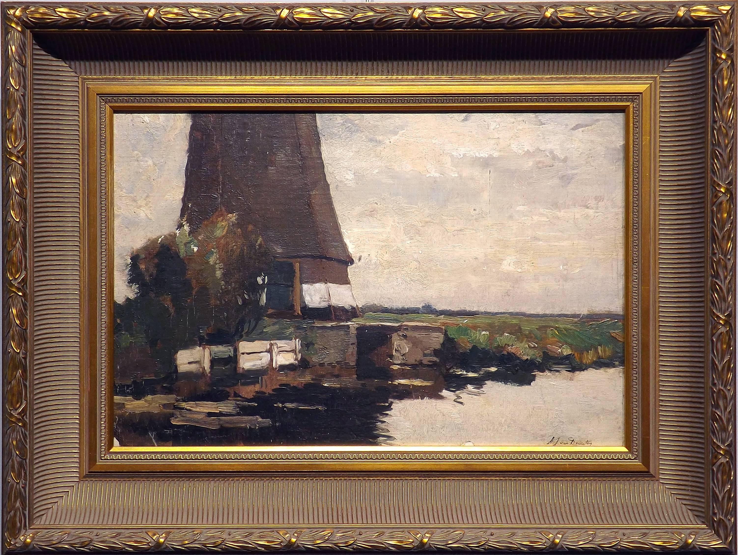 A wonderful composition of a Dutch windmill along a canal underneath a dark grey sky. Lush yet dreary landscape, and still reflecting water complete this atmospheric painting executed by listed artist Arend Jan van Driesten (1878-1969). 

Arend