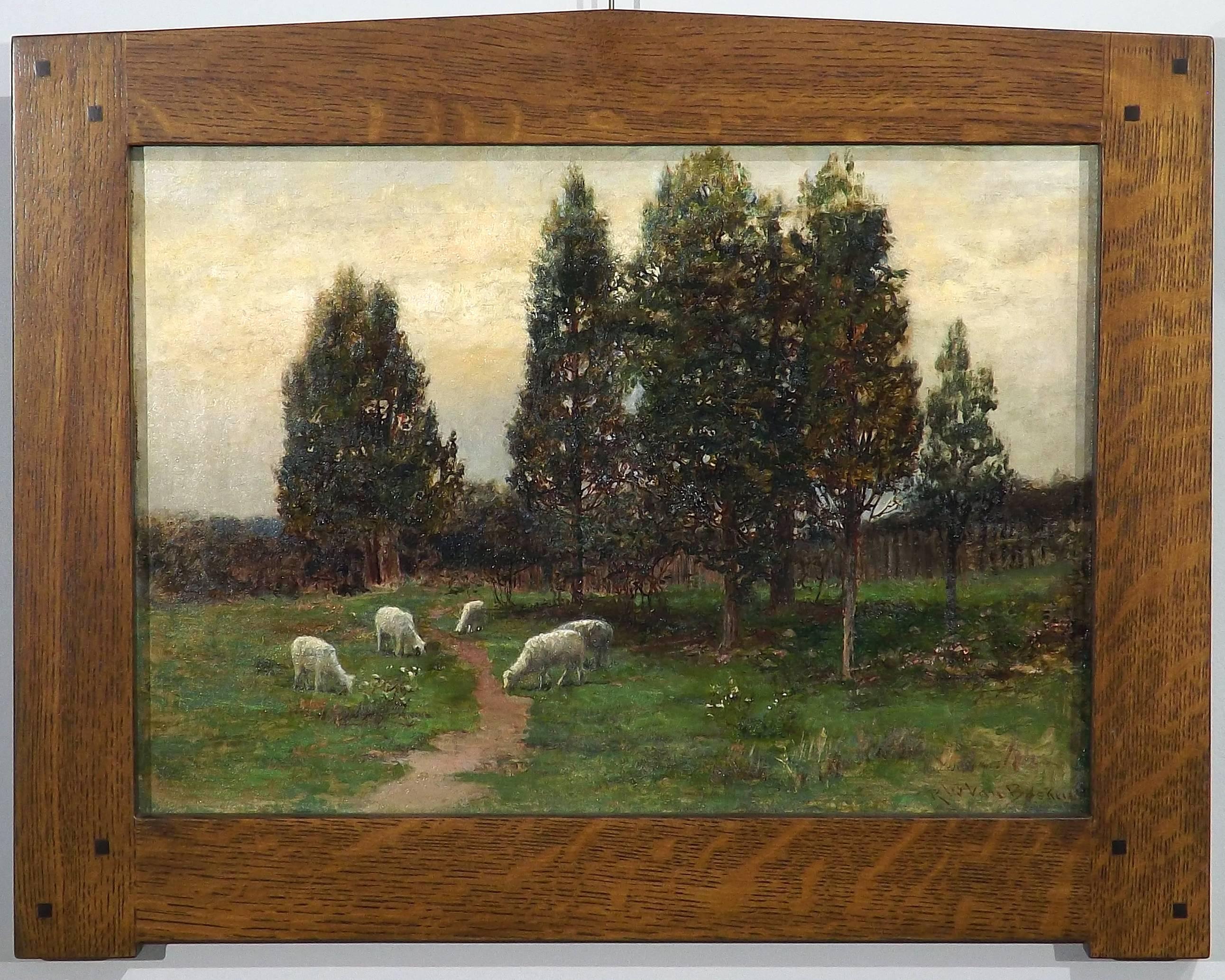 A group of sheep graze tranquilly upon the lush green grass and vibrant wildflowers near a small copse of trees. Overhead the early light of a spring day approaches in this fine painting by Robert Ward van Boskerck. Beautifully framed in a
