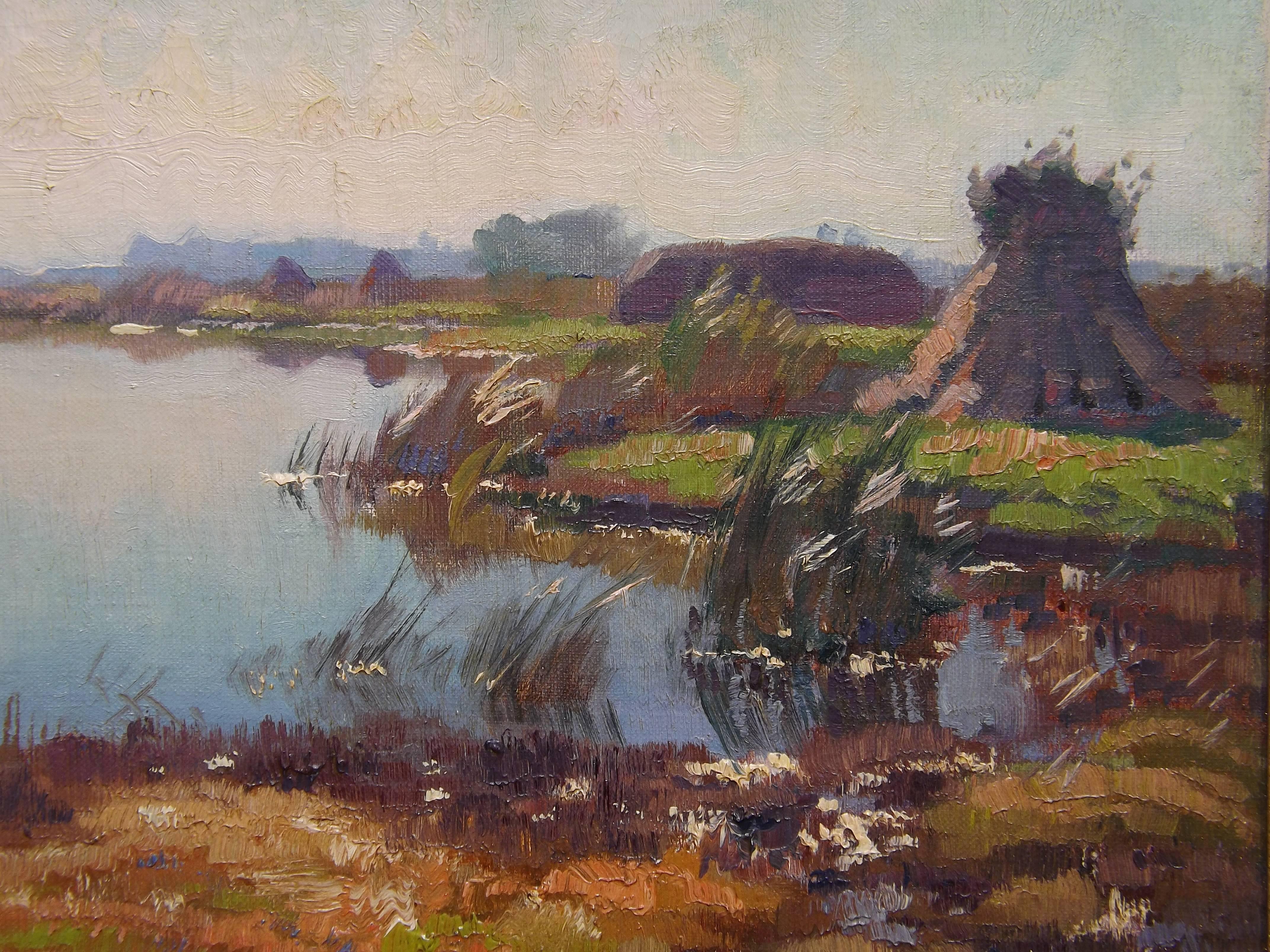 Dutch Painting of Amstelveen Polder in October by Frits Hubeek In Excellent Condition For Sale In Charlevoix, MI