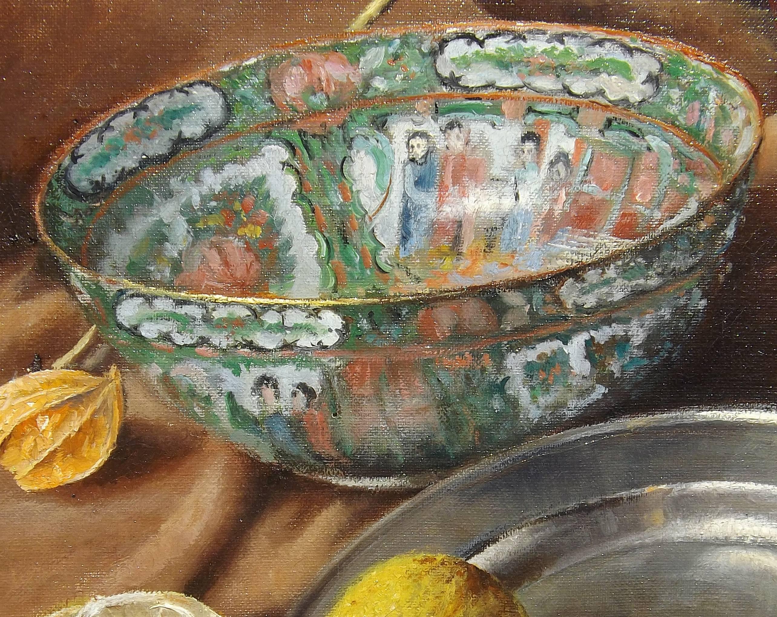 Still Life with Oriental Bowl and Lemons by Dutch Artist Tjerk Wielinga In Good Condition For Sale In Charlevoix, MI