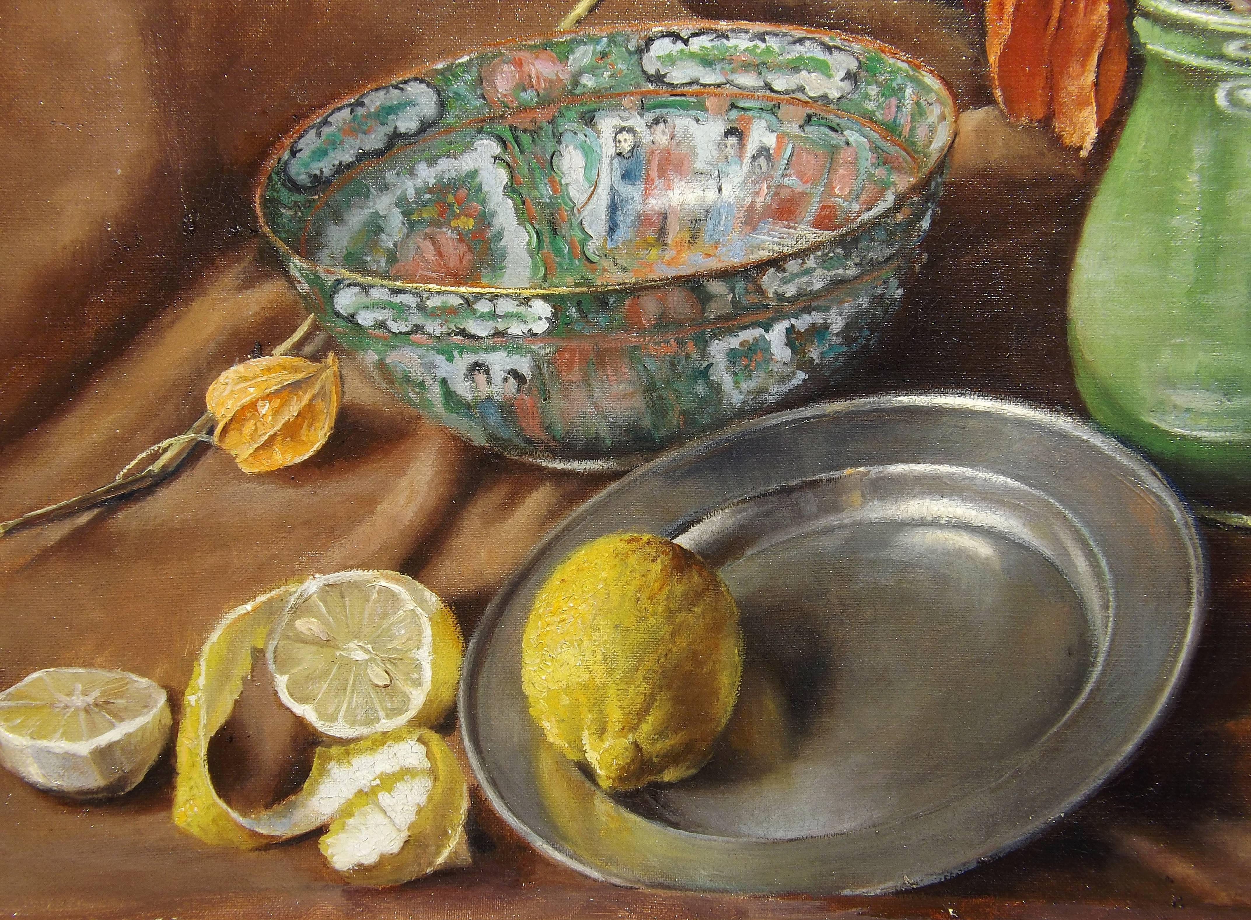 Mid-20th Century Still Life with Oriental Bowl and Lemons by Dutch Artist Tjerk Wielinga For Sale