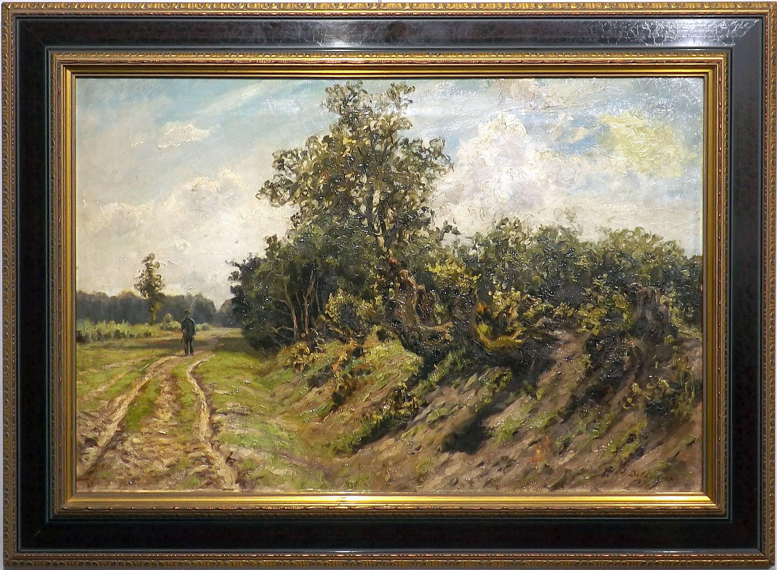 A masterful painting of a lone figure strolling along an old country road painted by Belgian artist Leon Delderenne dated 1896. Beside the road there is an old berm with thick robust bushes and wild stocky trees. The artist's dark green of the