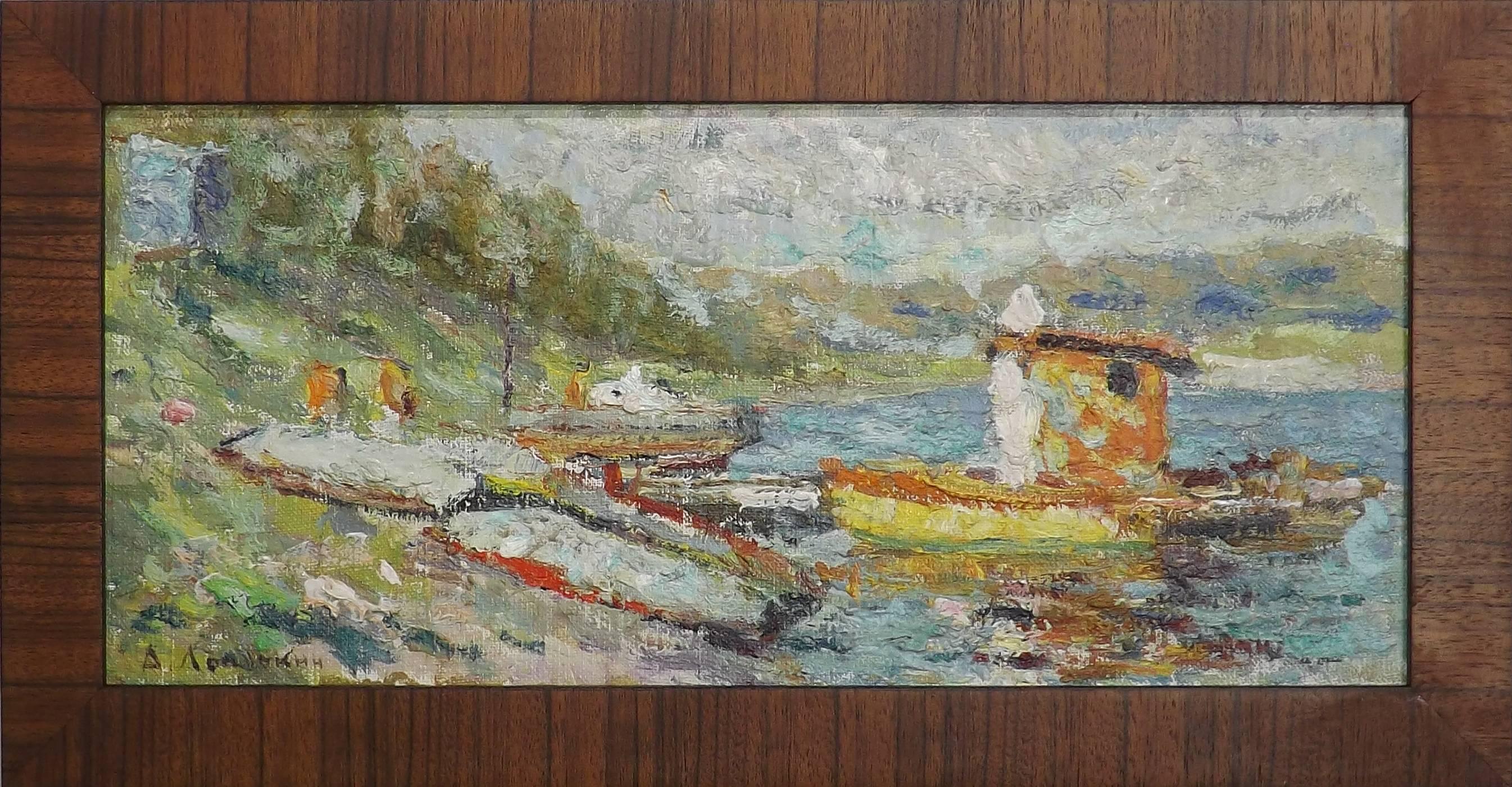 A colorful example of Soviet era painting by acclaimed Russian artist Vladimir Lopatkin. Small boats have been pulled ashore while a small tug boat sits in the water nearby. By the threatening clouds it appears to be the end of the boating season