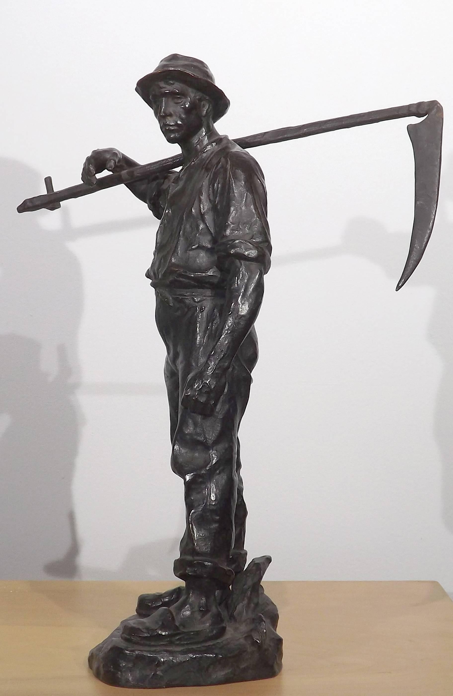 A magnificent bronze of a farmer carrying his scythe off to the field stopping only to overlook the day's arduous task. A wonderful sculpture masterfully executed by the Austrian artist Hans Muller (1873-1937).
 
Muller was a graduate of the