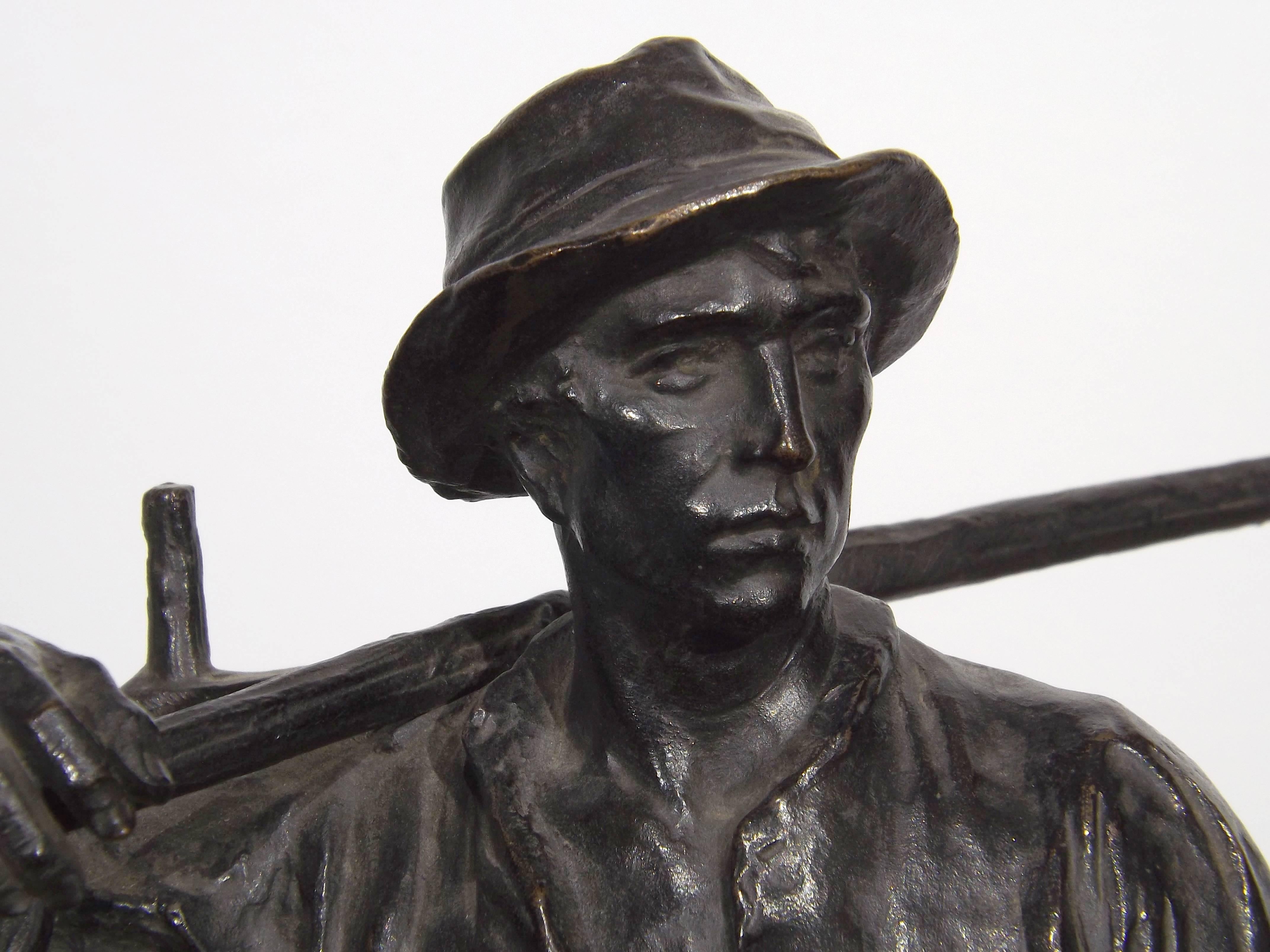 Bronze Statue of a Farmer Heading to the Field by Hans Muller In Excellent Condition In Charlevoix, MI