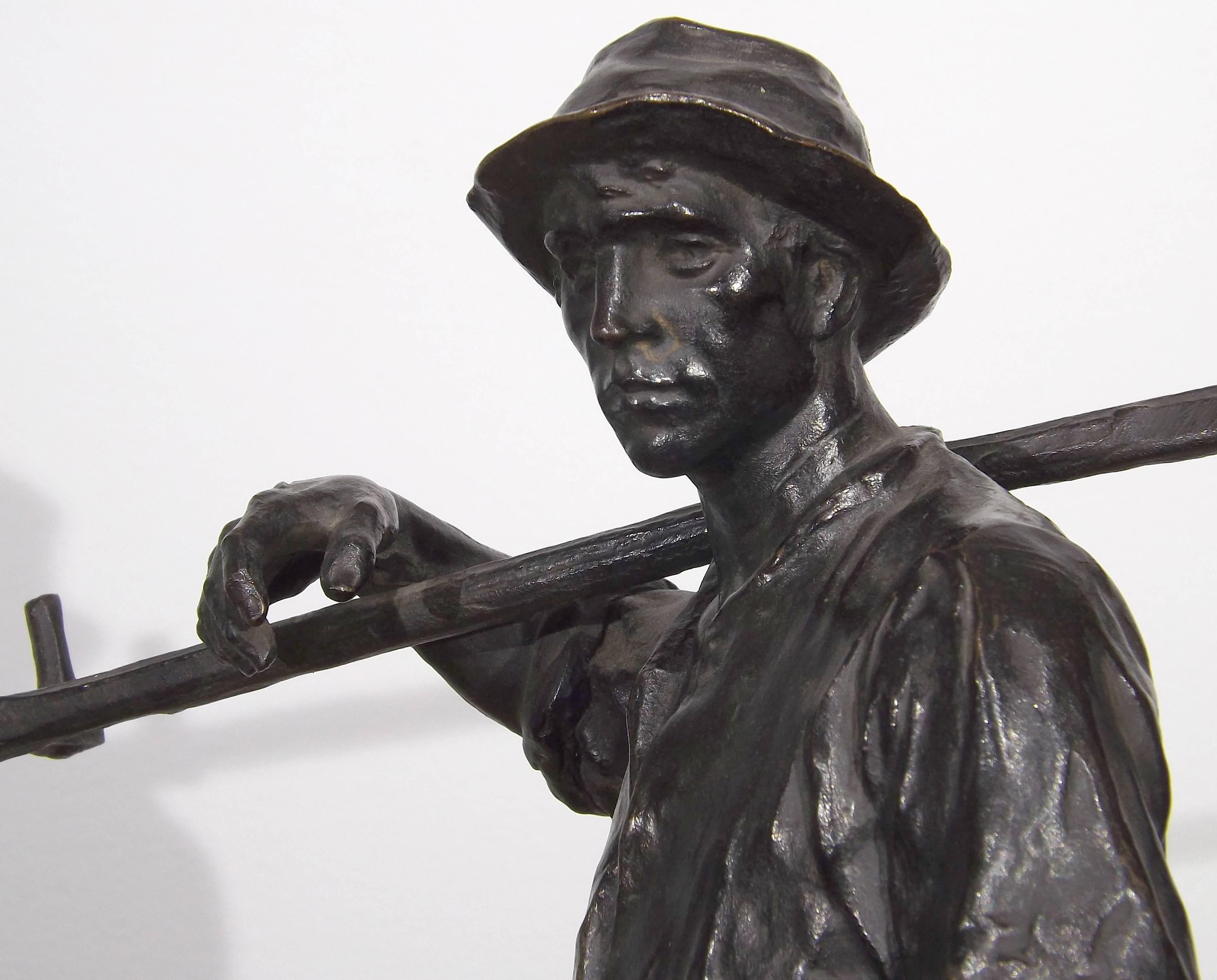 20th Century Bronze Statue of a Farmer Heading to the Field by Hans Muller