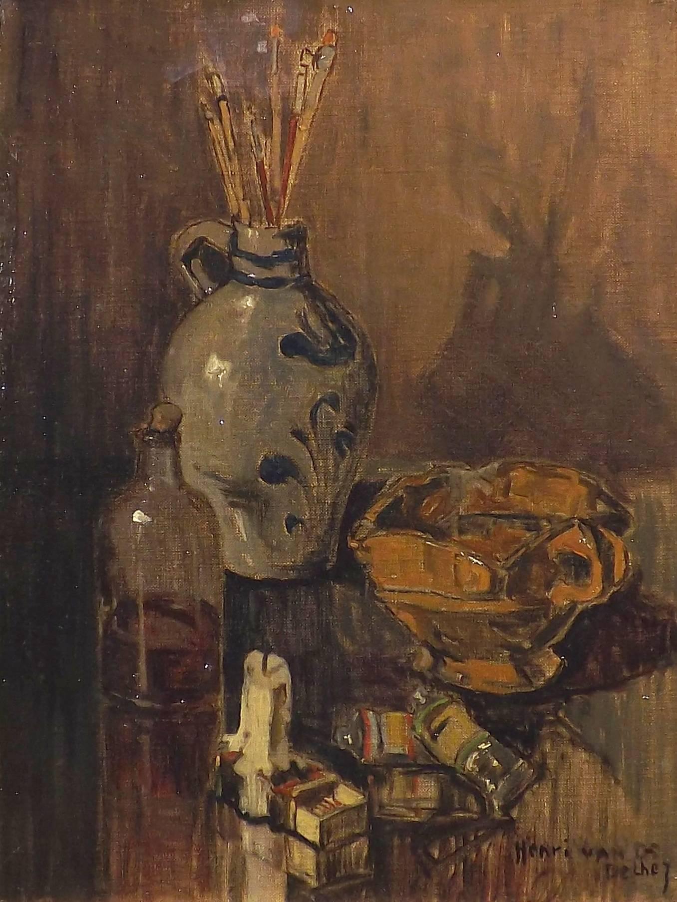 A masterfully painted collection of painter's tools and supplies painted by the Dutch artist Henri Van Os-Delhez. Some tubes of paints lie on a table in front of a bowl with which to clean brushes. These brushes are kept in a earthenware jug in the
