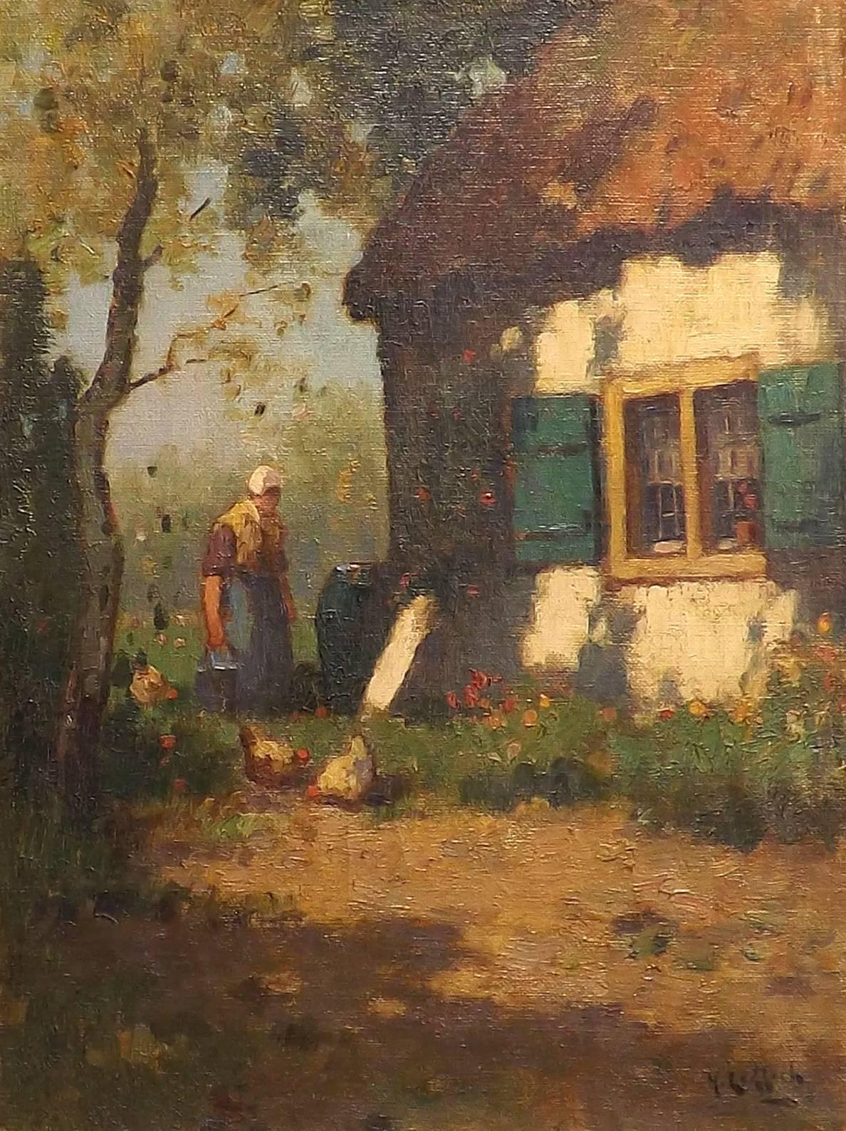 An idyllic scene of a Dutch farm woman going about her daily chores near a sun-dappled farm house. At her feet chickens peck at the ground for food.
Painted by the listed Dutch artist Jan Knikker jr. and signed with the pseudonym 