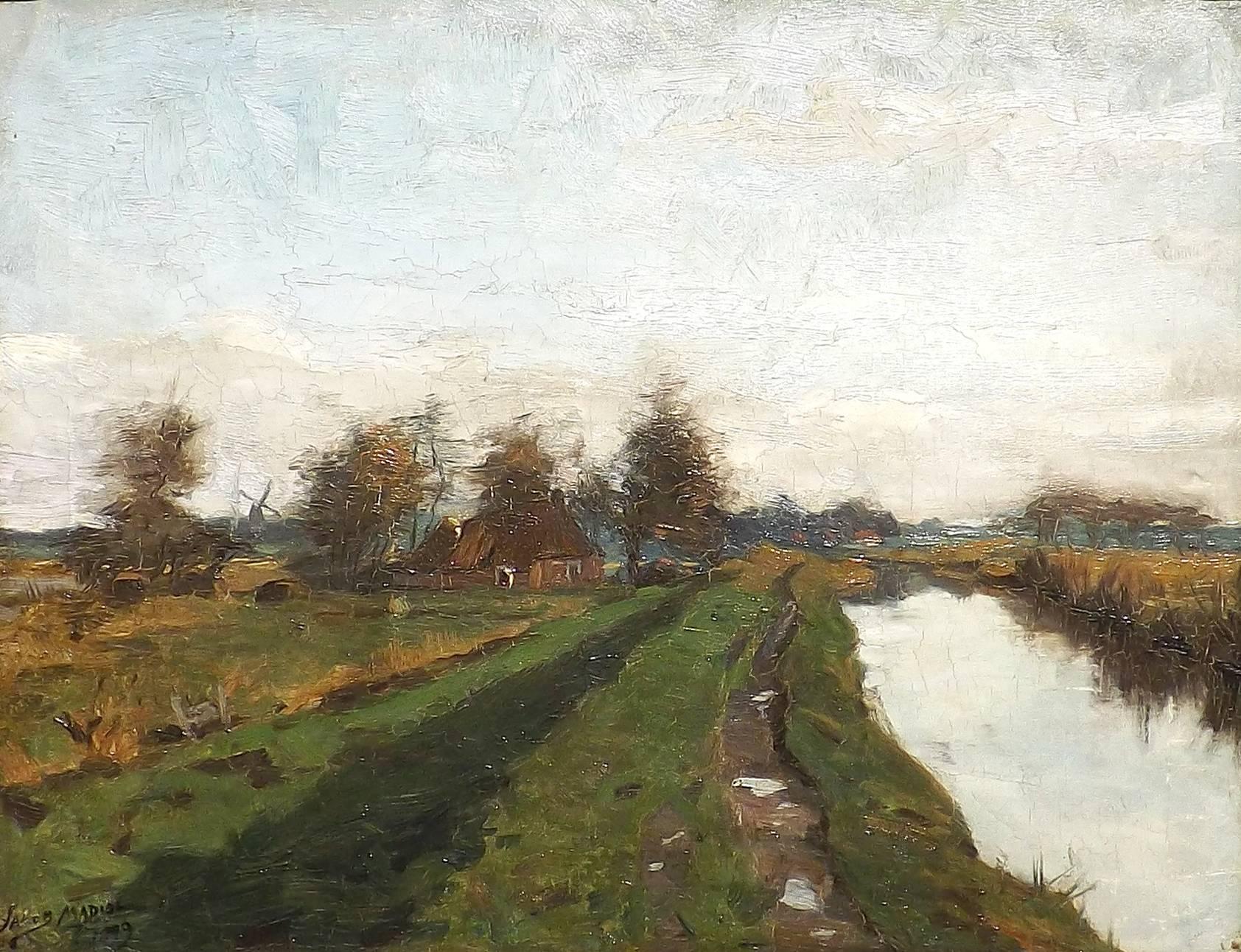 A lonely Dutch farm sits along a canal in the northern part of The Netherlands near the town of Paterswolde in this landscape painting by Jacob Madiol. Small puddles are a reminder of recent rainfall, the clearing sky reflected in the water. 

The