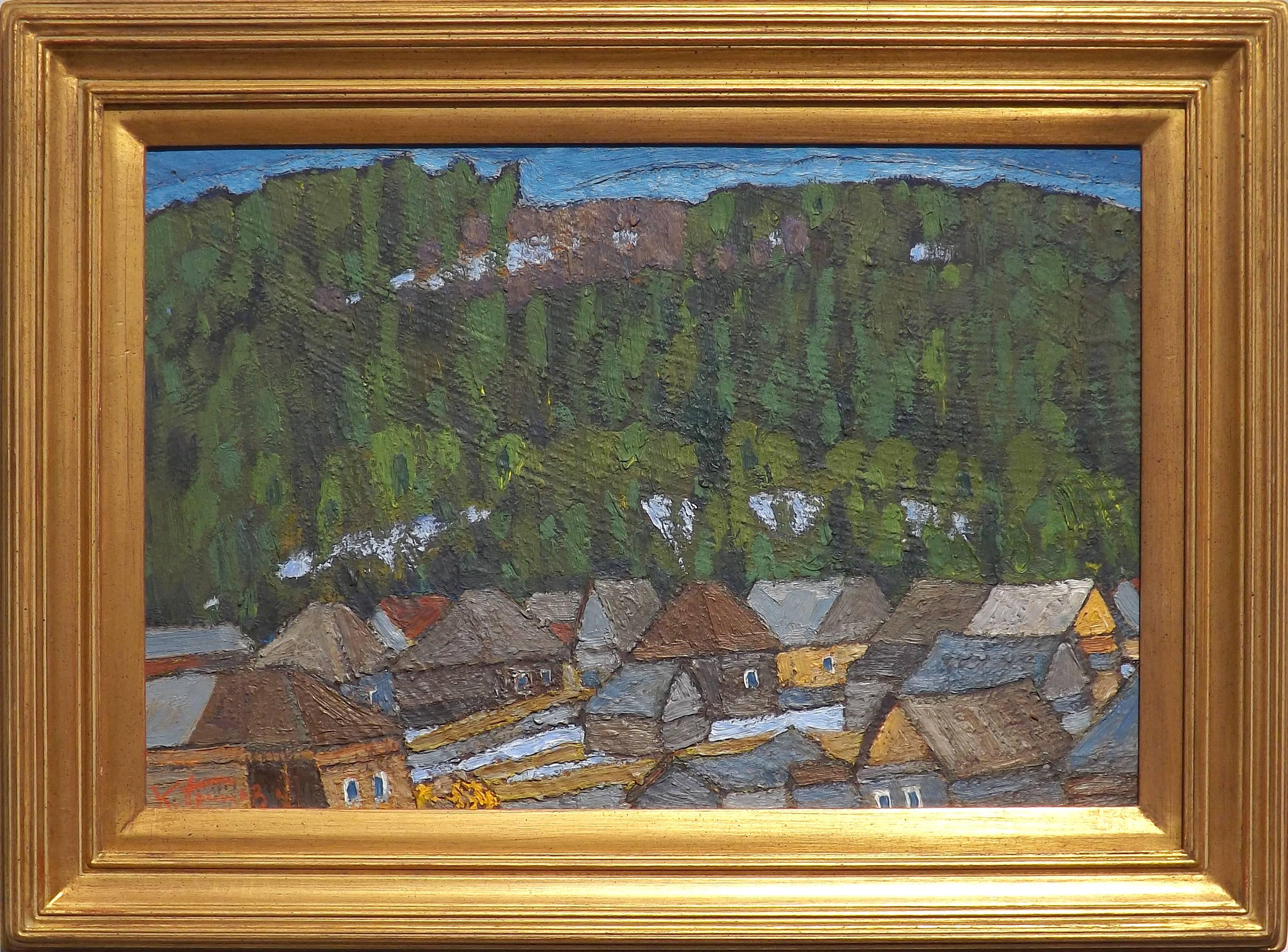 A thin strip of blue sky hangs over a sleepy Russian village, small patches of snow remain on the ground and amongst the lush green trees covering the nearby mountain. A very atmospheric painting, simply titled 'Ural Motif', painted by the great