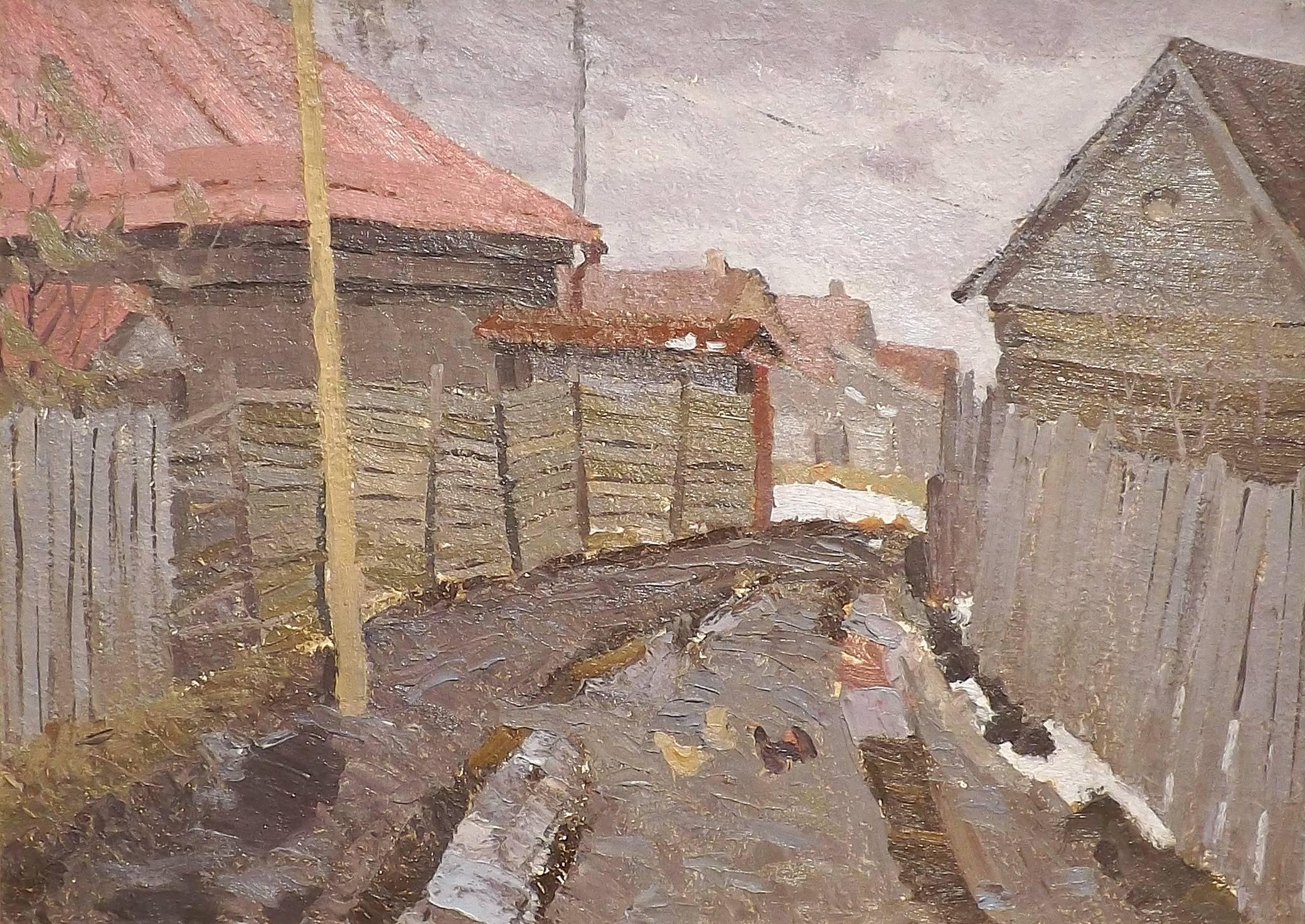 Chickens peck at the ground on a muddy dirt road in this moody tonal painting by Nikolai Modorov (1928-1989). Dark grey clouds float over the reddish roofs while small patches of snow remain in corners where the spring sun has yet to
