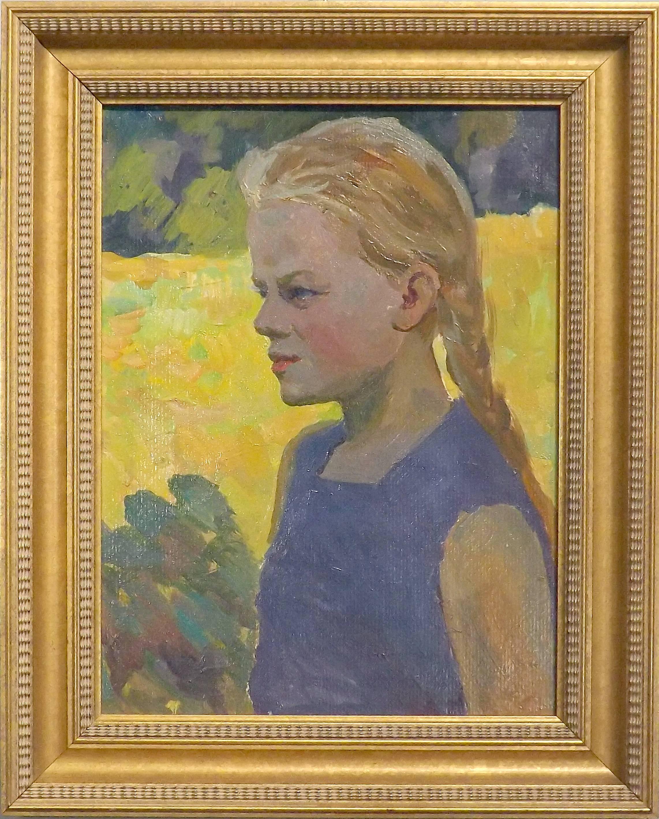 A beautiful social realist painting of a young girl with a long braid and a blue dress painted by Iosif Mikhaylovich Ilyin, dated 1970. Ilyin studied at Ivanov and Kiev before World War II (The Great Patriotic War), and continued his education in