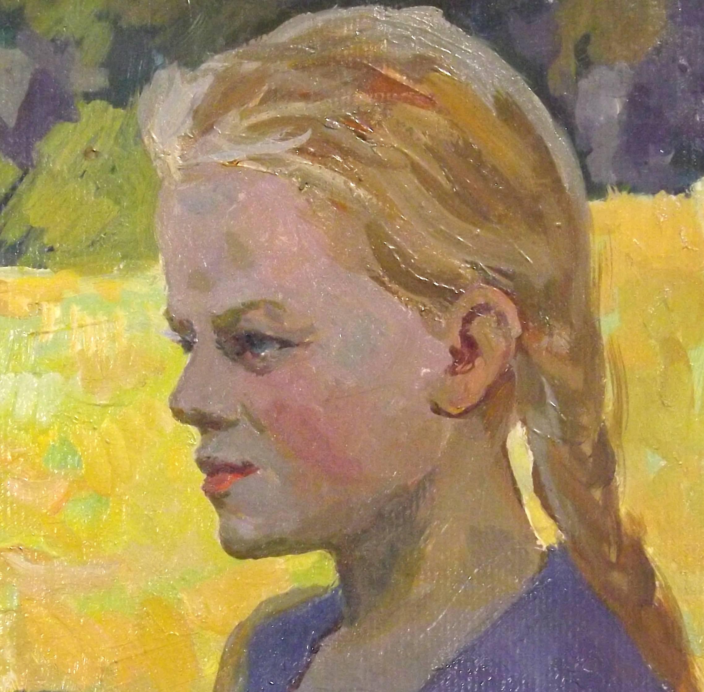 Russian Girl with Braids Portrait by Soviet Era Artist Iosif Ilyin For Sale