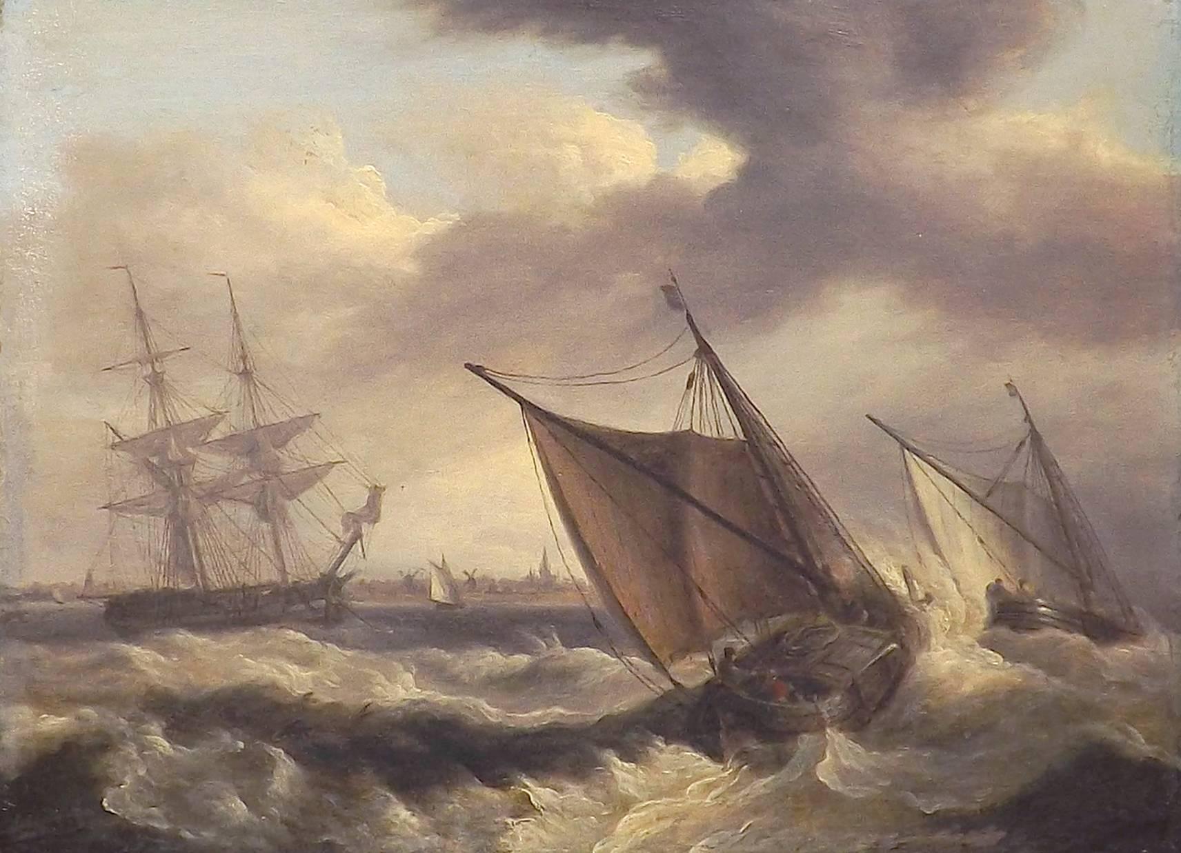 A fine antique painting of Dutch ships on the North Sea in rough weather by English artist Thomas Luny (1759-1837). A crew of a small fishing boat works hard fighting the billowing sails while another boat lies a few lengths ahead. A tall ship lies