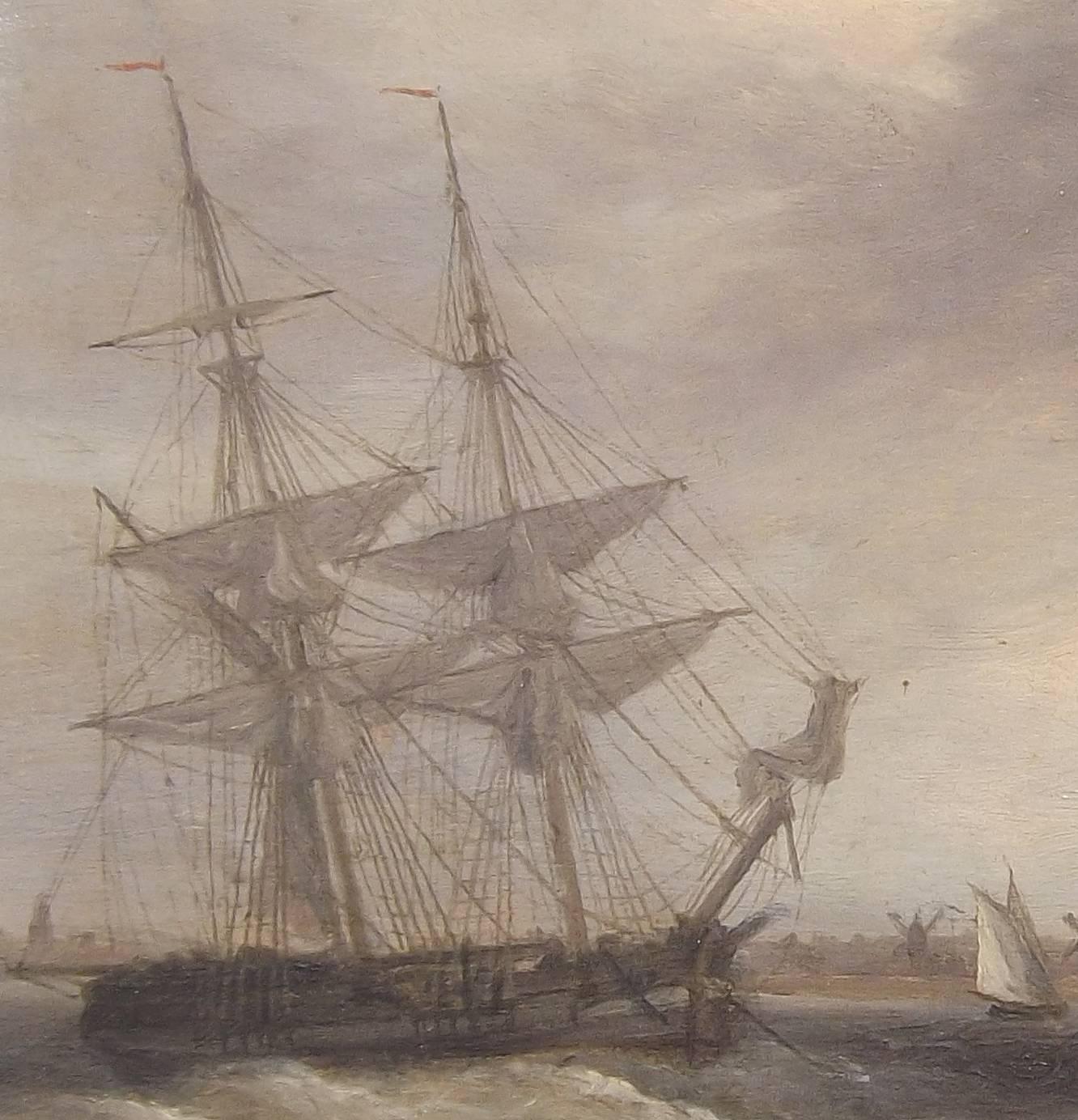 English Original Oil Painting of Fishing Boats on Rough Seas by Thomas Luny Dated 1832