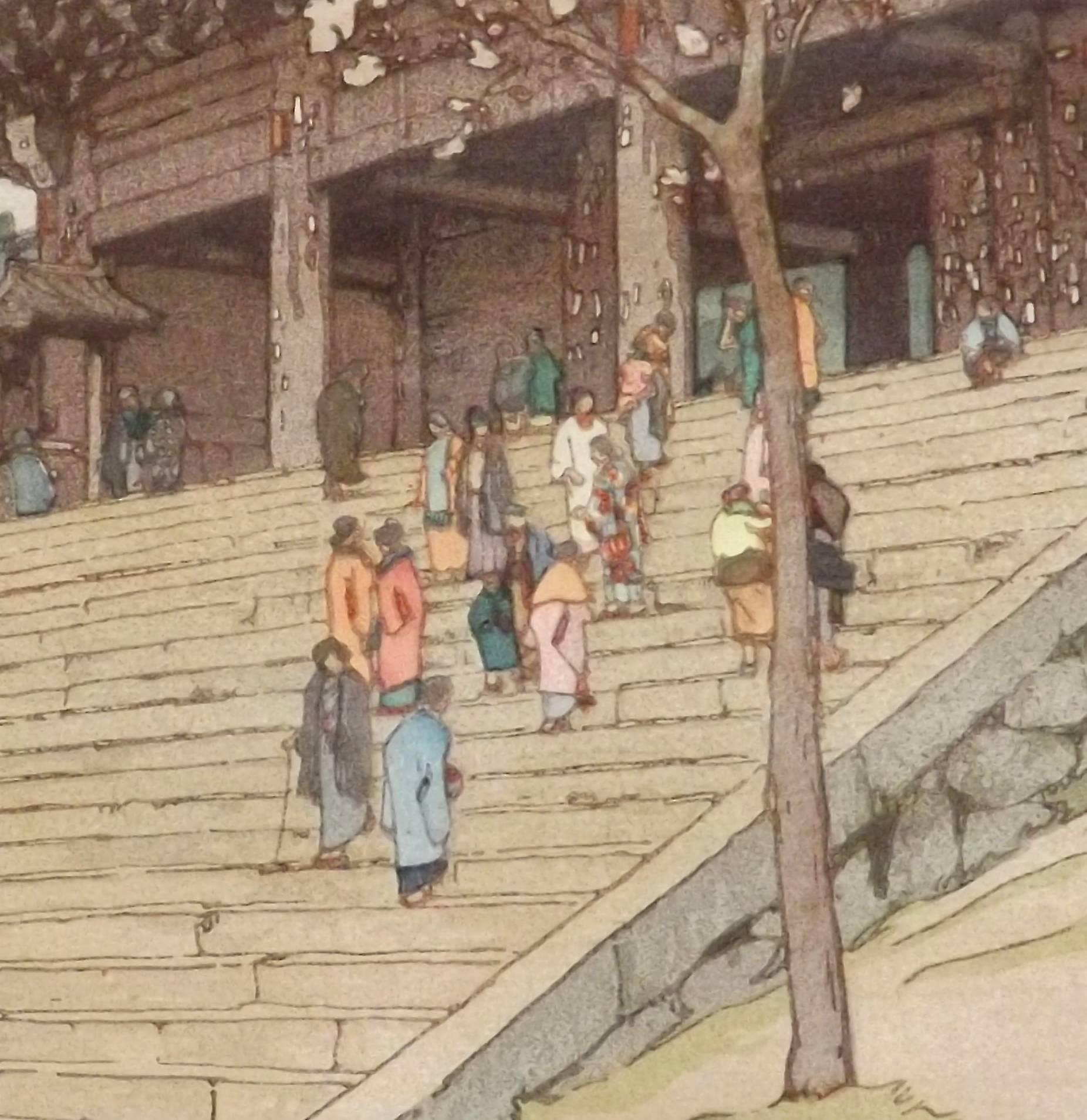 A wonderful woodblock print of Chion-in temple gate by the famed Japanese artist Hiroshi Yoshida (1876 - 1950). Signed in pencil bottom right, image dimensions are 14 3/4 inches tall by 9 1/2 inches wide.