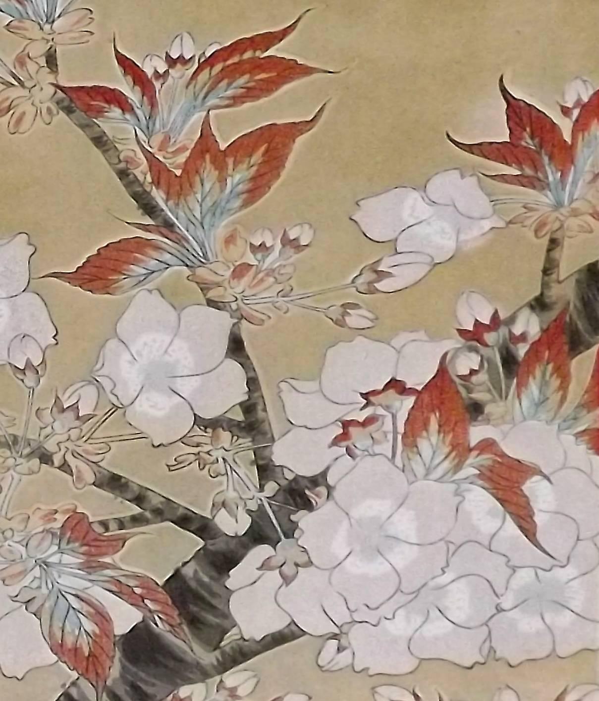 A charming woodblock print of cherry blossoms by Japanese artist Kawarazaki Shodo (1889-1973). Unframed, image size is 14 1/2 inches tall by 9 1/2 inches wide.