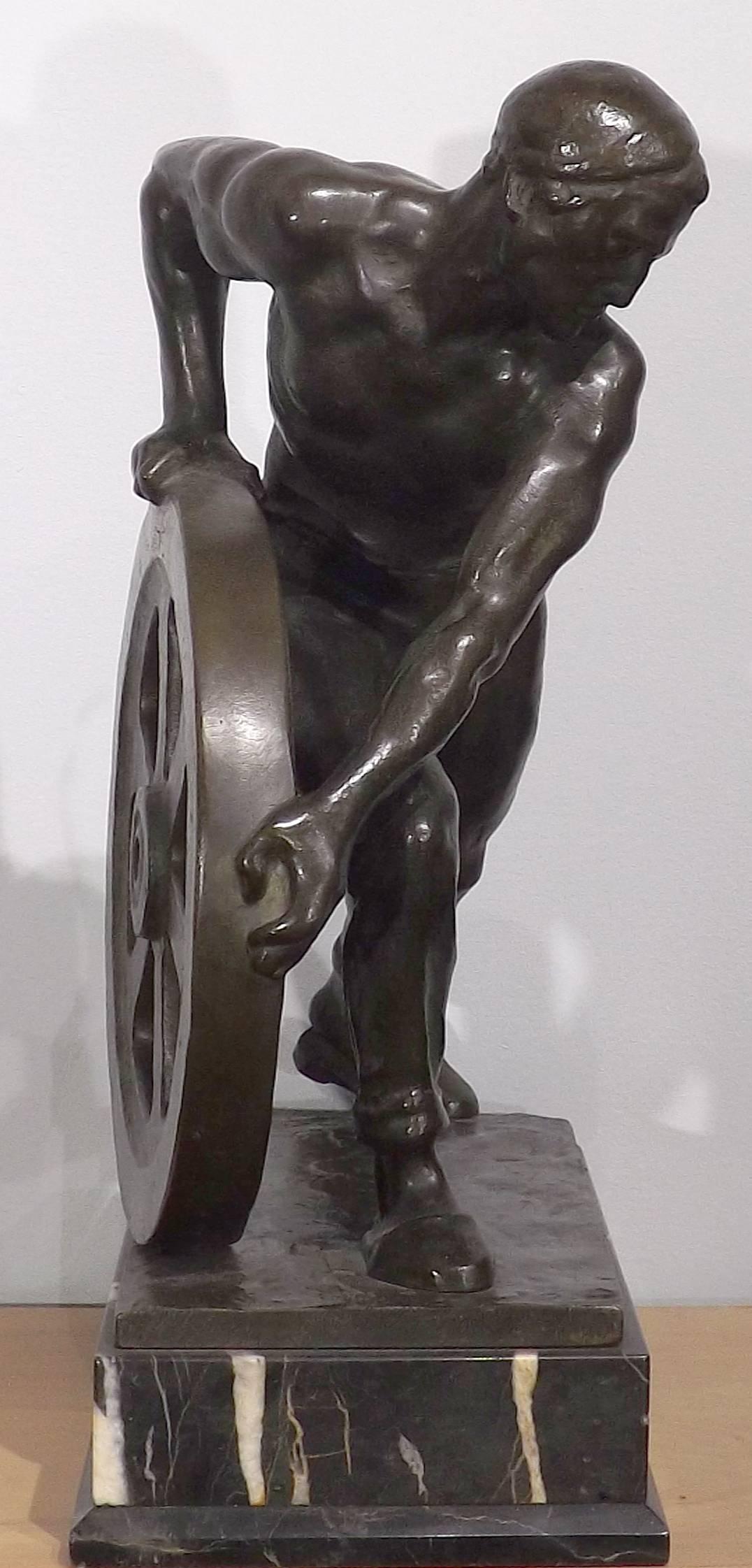 Jugendstil Bronze of a Man Pushing a Wheel by Ernst Seger For Sale