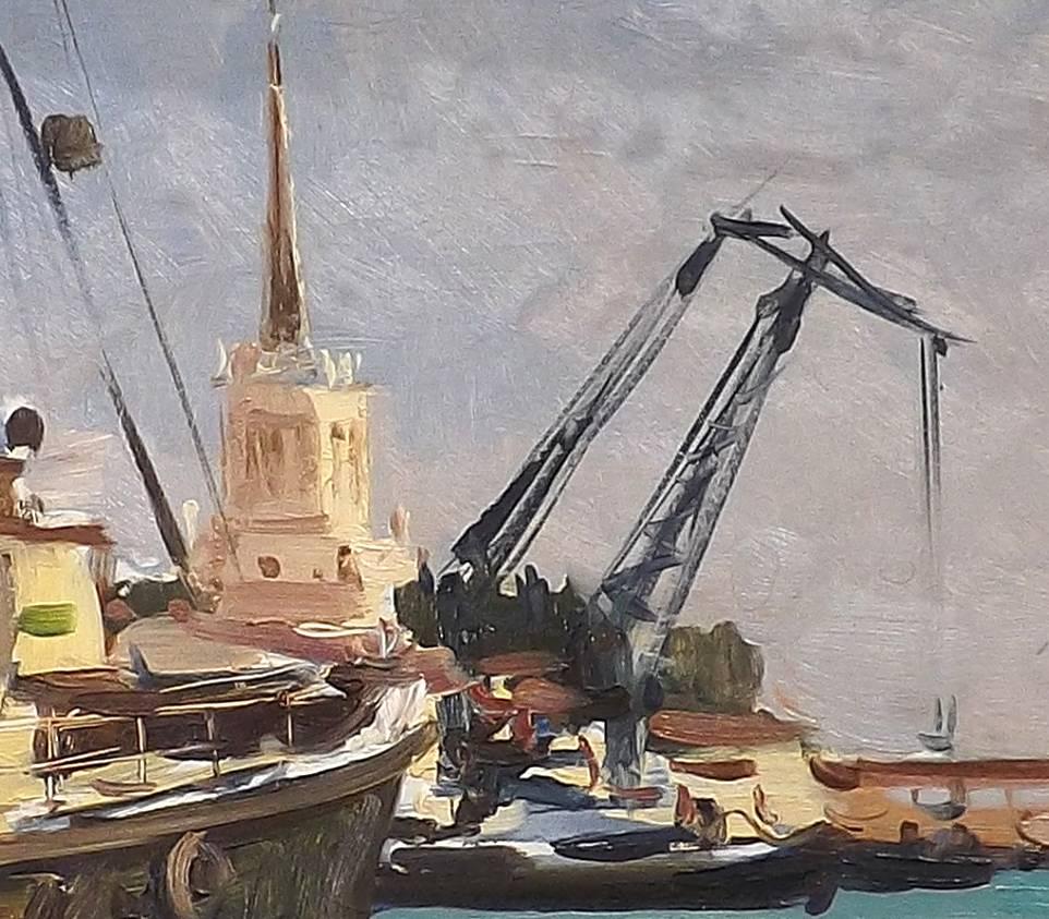 Soviet Era Painting of a Russian Harbor by Oleg Berngard In Excellent Condition For Sale In Charlevoix, MI
