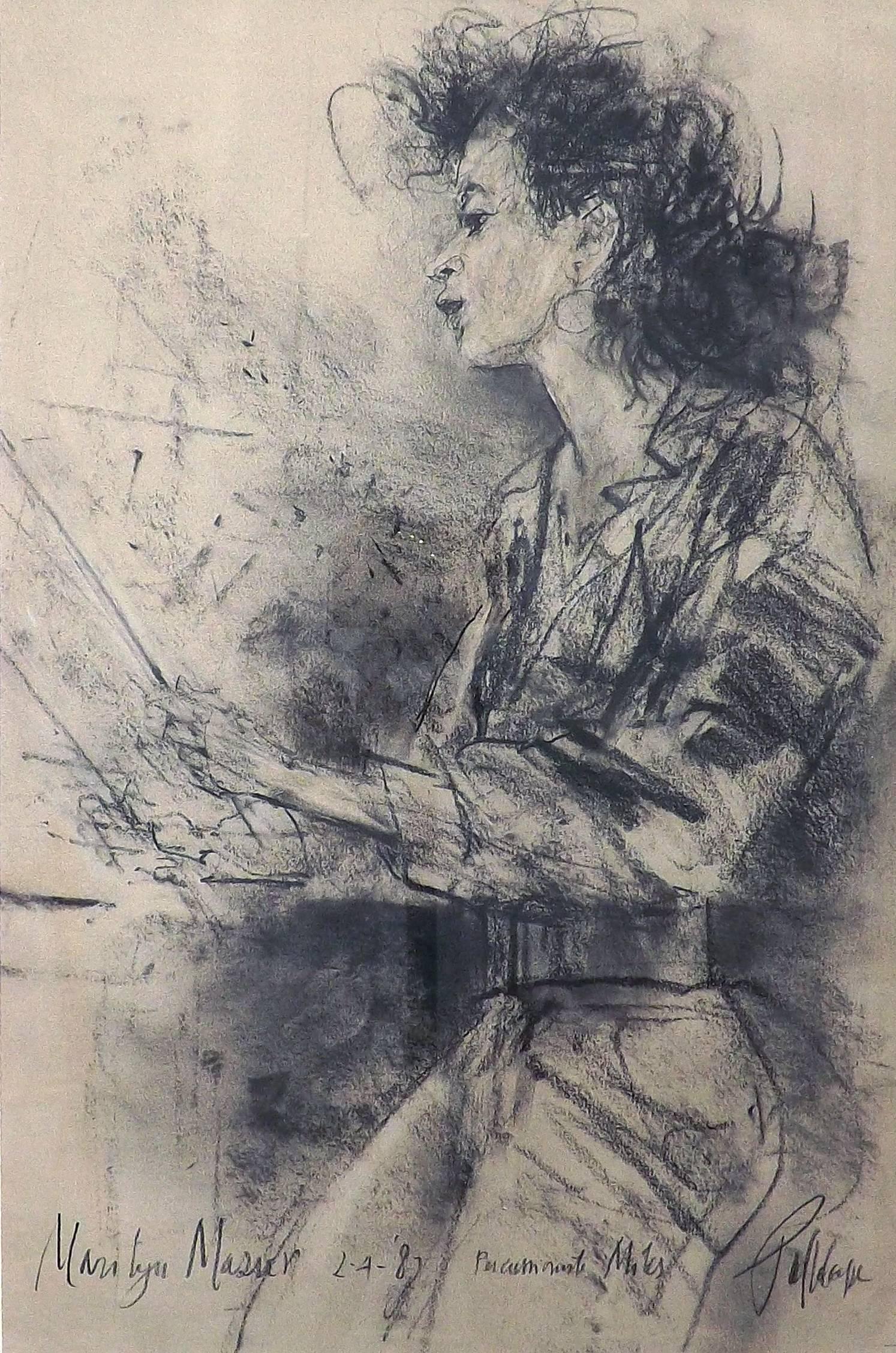 A fantastic portrait in charcoal of the jazz percussionist Marilyn Mazur by the Dutch artist Piet Klaasse, signed by both the artist and Mazur and dated 1987.

Marilyn Mazur, a famous drummer who toured with the Miles Davis Band and the Wayne